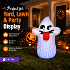 Witchwood™ 5FT Halloween Inflatable Ghost Holding Pumpkin Lantern, Light-Up Blow Up Outdoor Yard Decoration with RGB LED Lights