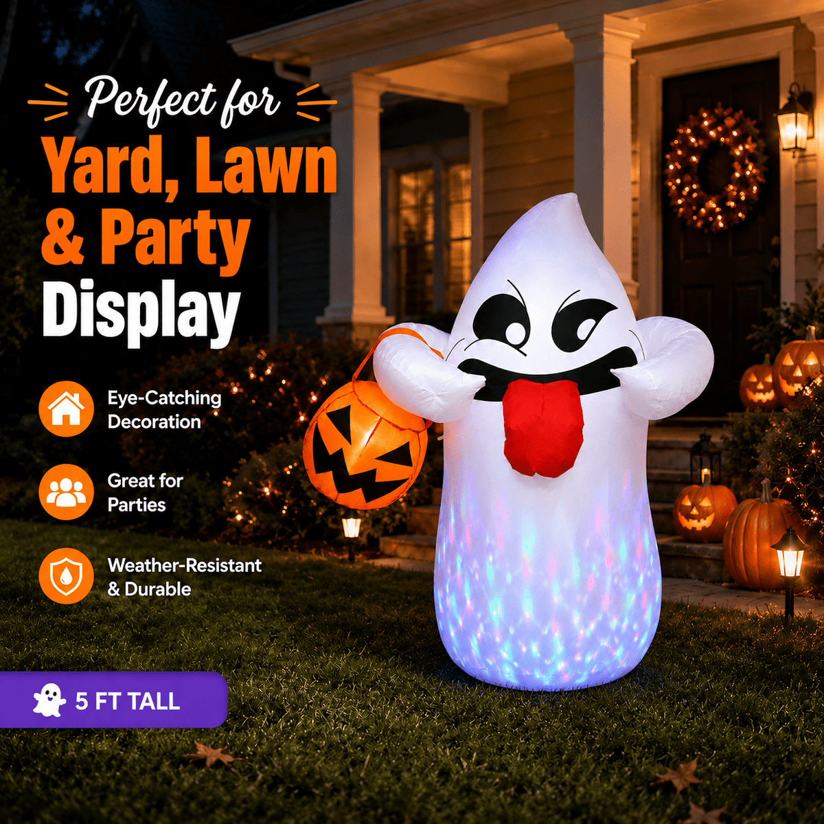Witchwood™ 5FT Halloween Inflatable Ghost Holding Pumpkin Lantern, Light-Up Blow Up Outdoor Yard Decoration with RGB LED Lights