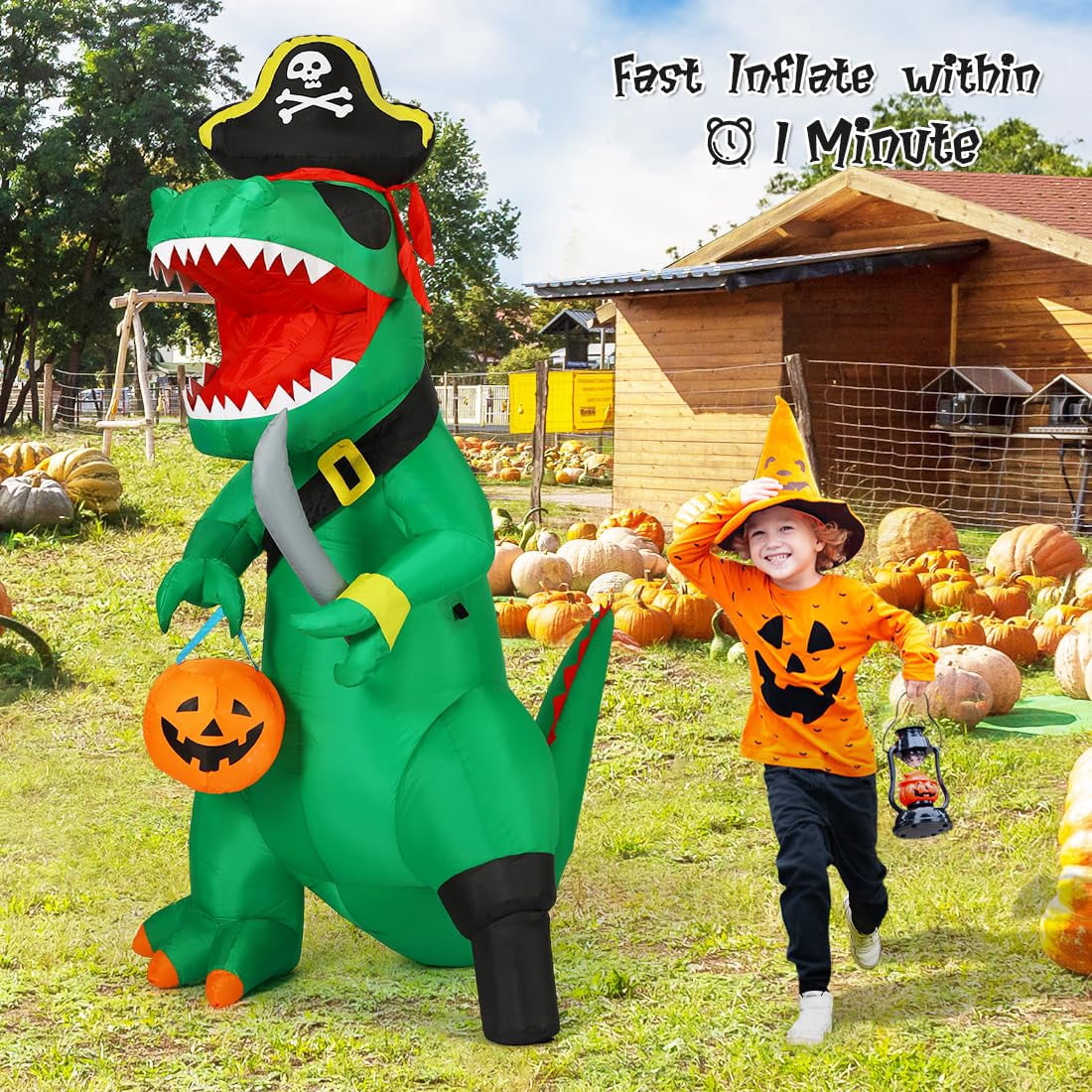 Witchwood™ 7FT Outdoor Halloween Decorations Halloween Dinosaur Inflatable, Halloween Inflatables Blow up Dinosaur, Green Pirate Dino Halloween Decorations Dinosaur Halloween Inflatable for Holiday/Party