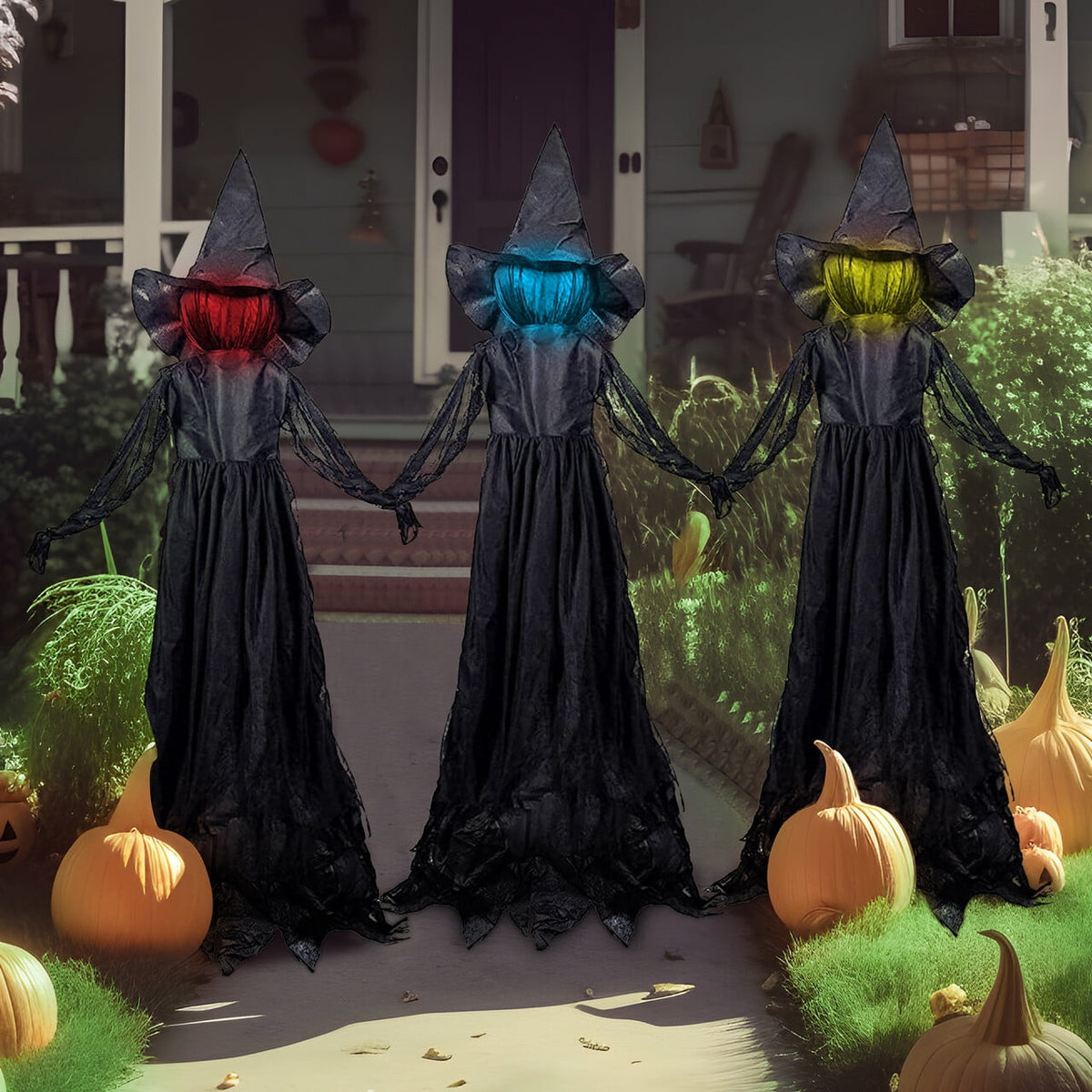 Witchwood™ 3 Pack Witches Halloween Decorations Outdoor, 51" Sound Activated Light Up Flying Witch Stakes with Color Changing Face & Creepy Sound, Life Size Halloween Props for Lawn Grave Party