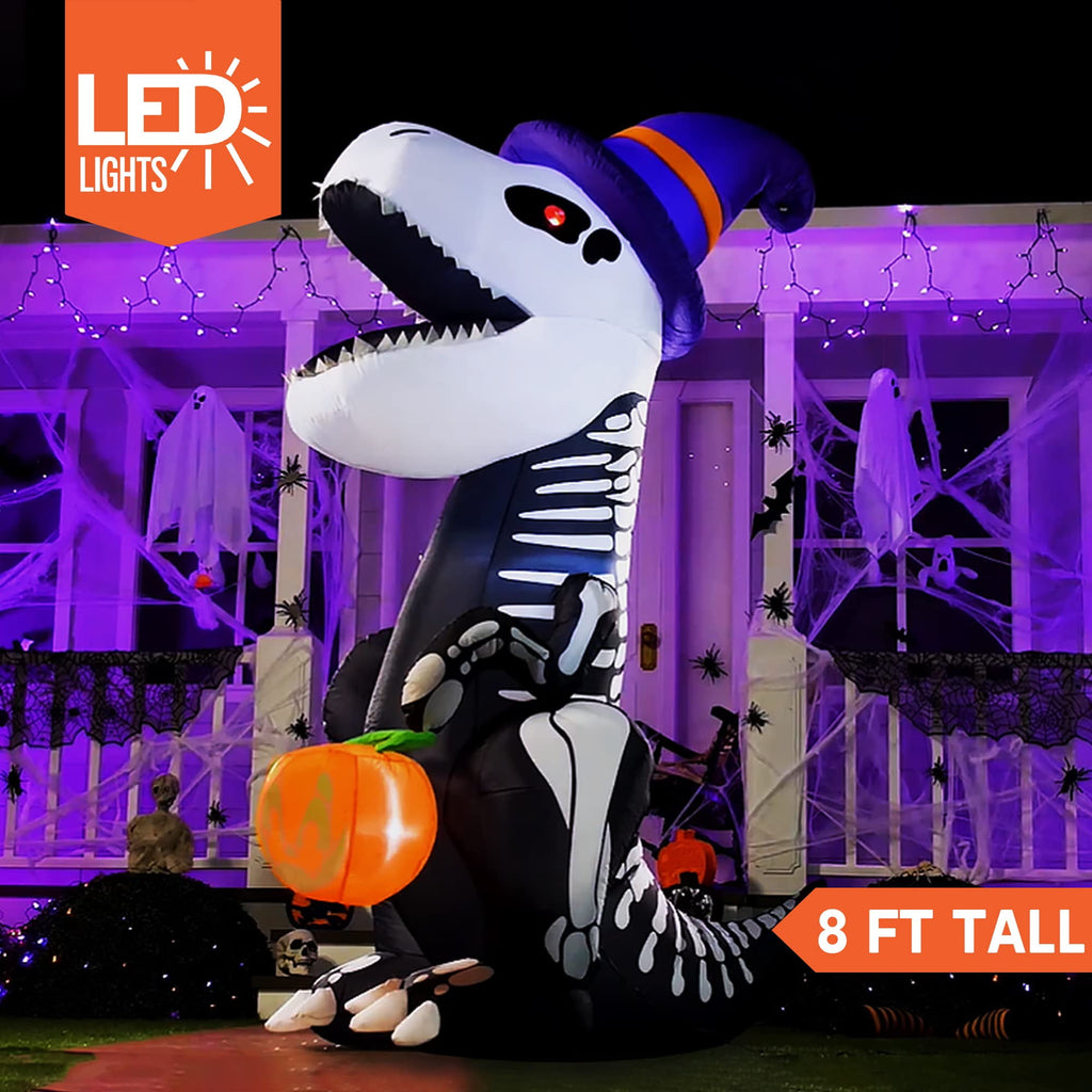 Witchwood™ 8 FT Halloween Inflatable Skeleton Dinosaur with Build-in LEDs Pumpkin Decorations,Halloween Outdoor Decorations Blow up Yard Decorations