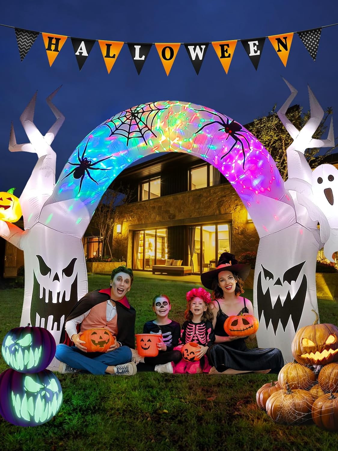 Witchwood™ 17FT Halloween Inflatable with Colorful Pumpkin & Ghost ? Built-in LED Lights for Yard, Lawn, Garden, Indoor & Outdoor Halloween Party Decorations
