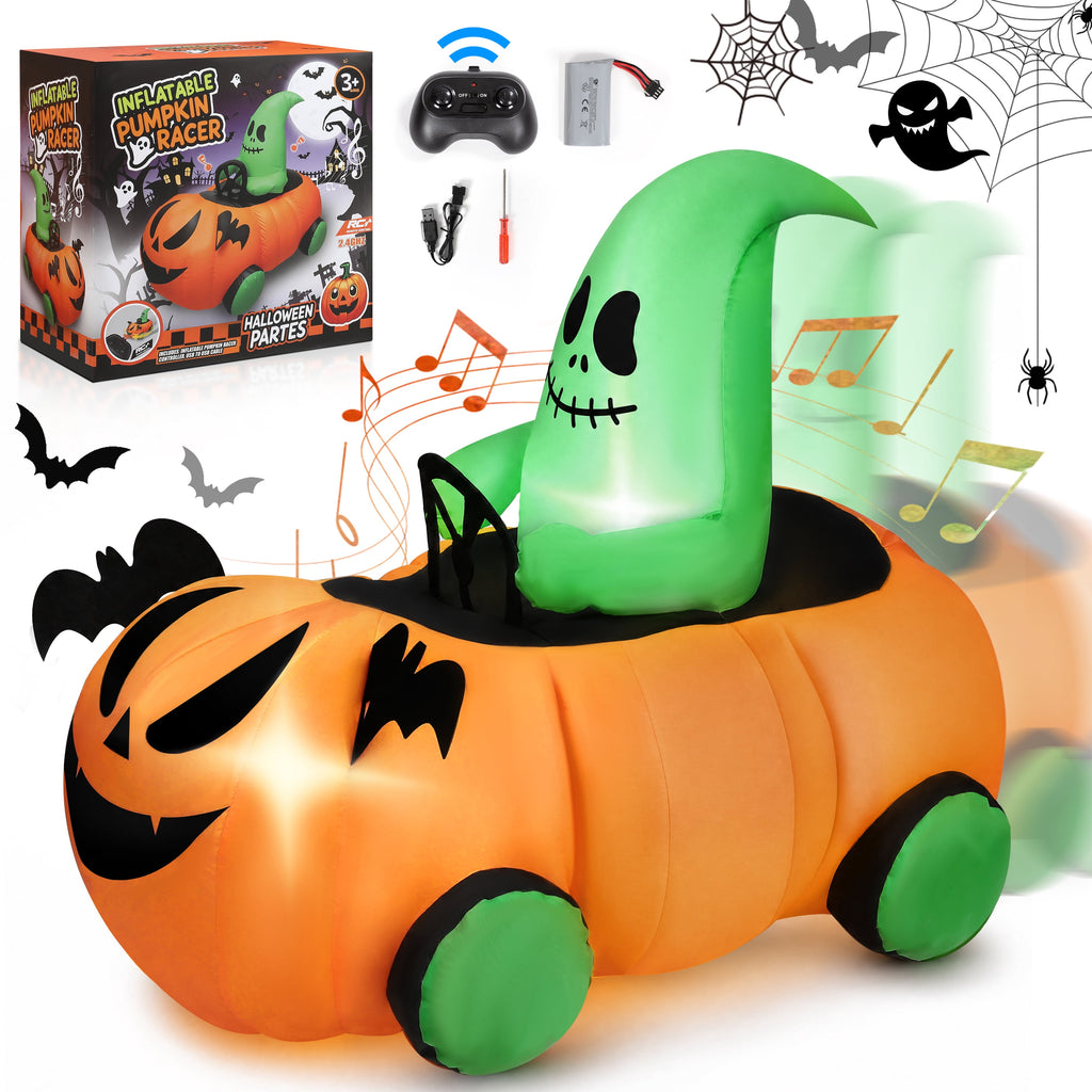 Witchwood™ (2 pack) 2.6ft Halloween Inflatable with Music and Lights,Remote Control Pumpkin Ghost Car,Blow ups Rc Car,Indoor Outdoor,Orange Green