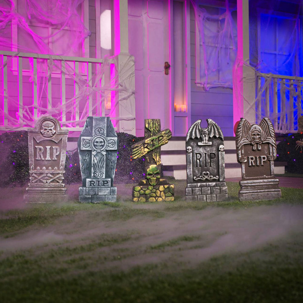 Witchwood™ 17" Halloween 5 Pack Tombstone Decorations, Foam RIP Graveyard Signs Cemetery Headstones Scary Outdoor Indoor Halloween Decor with 12 Metal Stakes for Easy Set Up, Waterproof for Garden Lawn