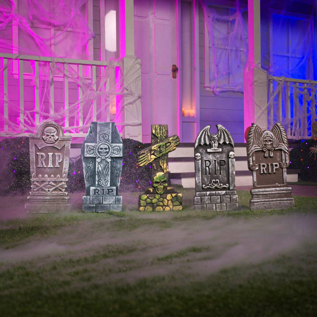 Witchwood™ 17" Halloween 5 Pack Tombstone Decorations, Foam RIP Graveyard Signs Cemetery Headstones Scary Outdoor Indoor Halloween Decor with 12 Metal Stakes for Easy Set Up, Waterproof for Garden Lawn