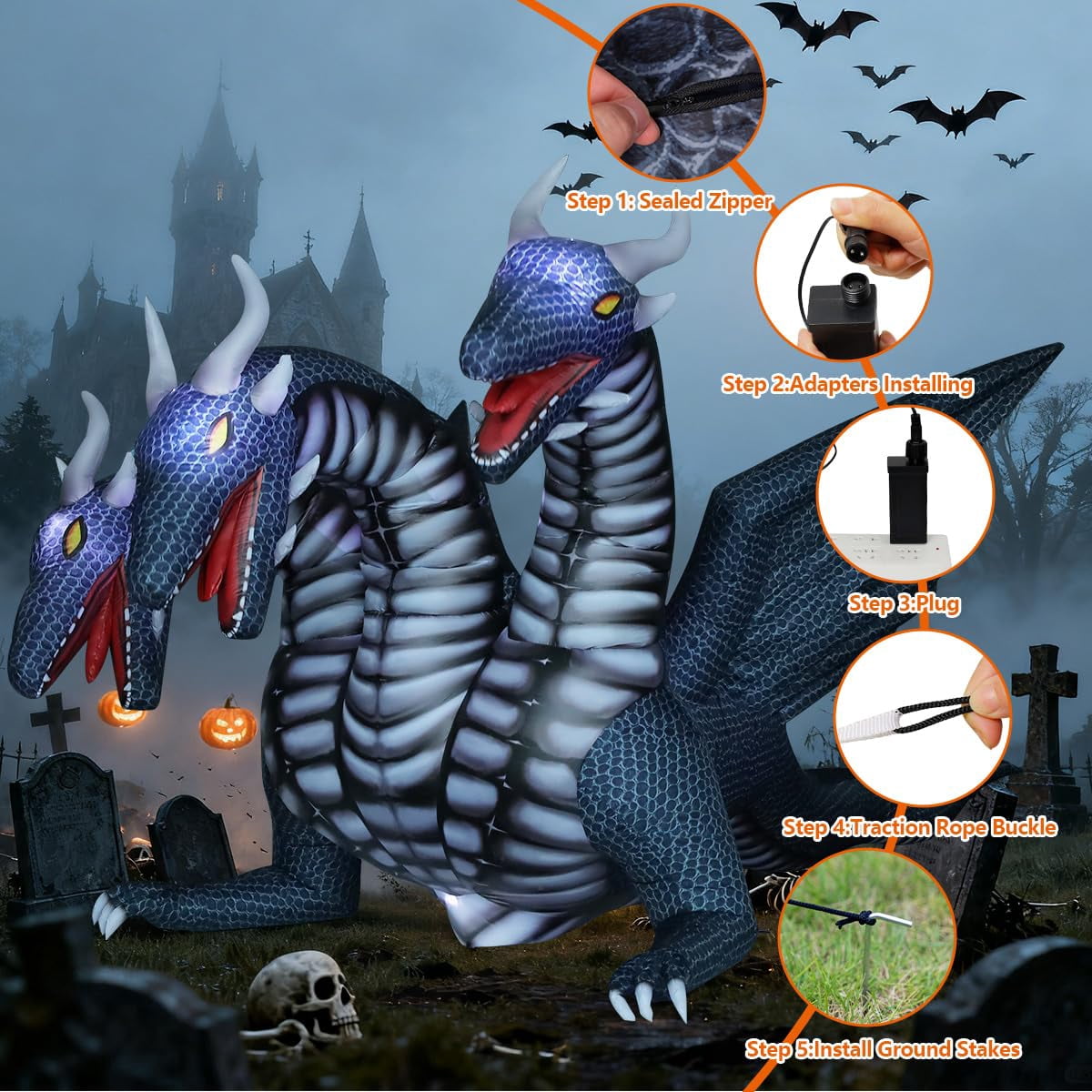 Witchwood™ COMIN 15.6 FT Long Animated Halloween Inflatables Outdoor Decorations Black Hydra Dragon - Giant Yard Blow Up Decoration Built-in LED Lights for Halloween Party Yard Lawn Garden Patio Decor