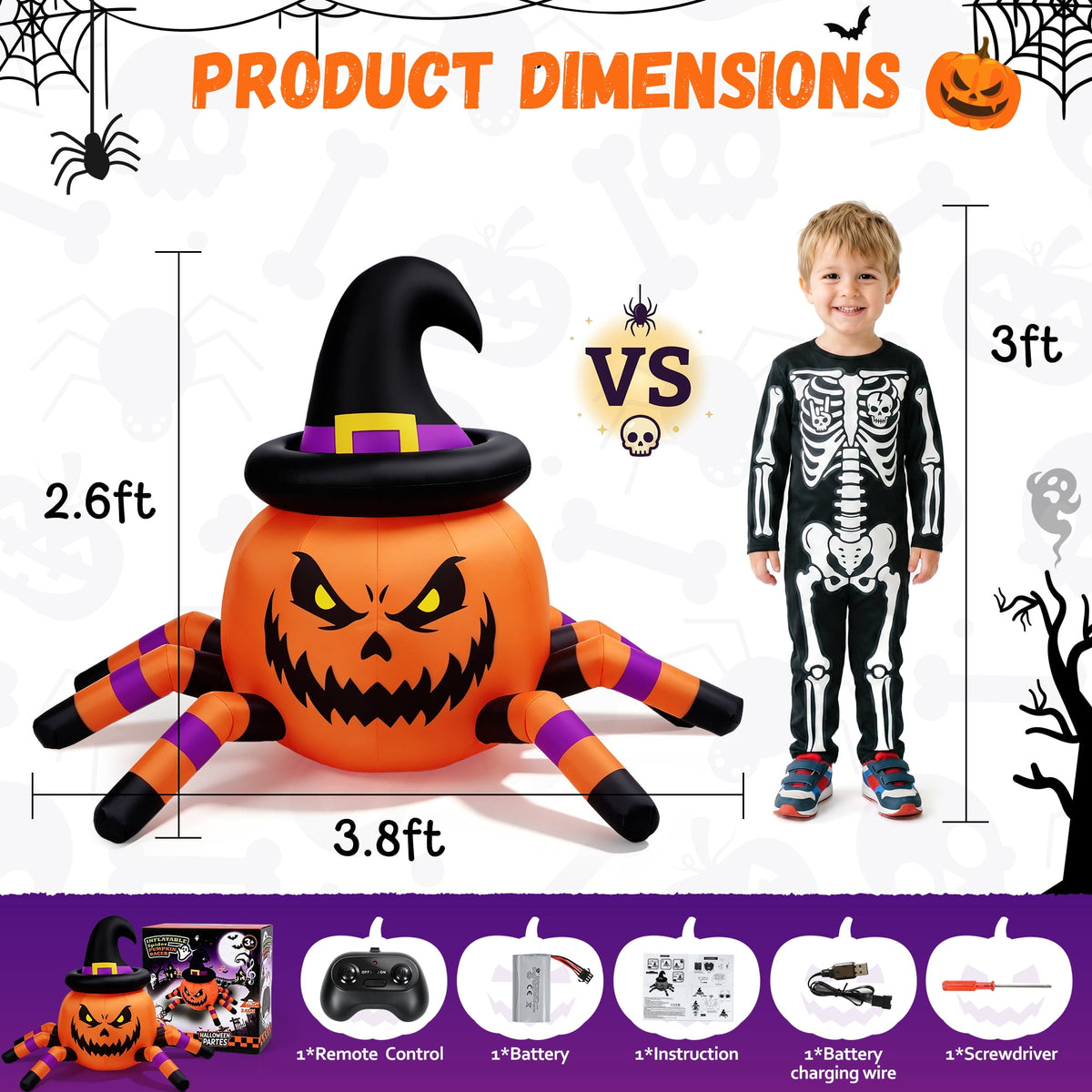Witchwood™ (2 pack) 2.6ft Remote Control Halloween Inflatable with Music Lights,Pumpkin Spider Car Blow ups Rc Car,Indoor Outdoor Decorations