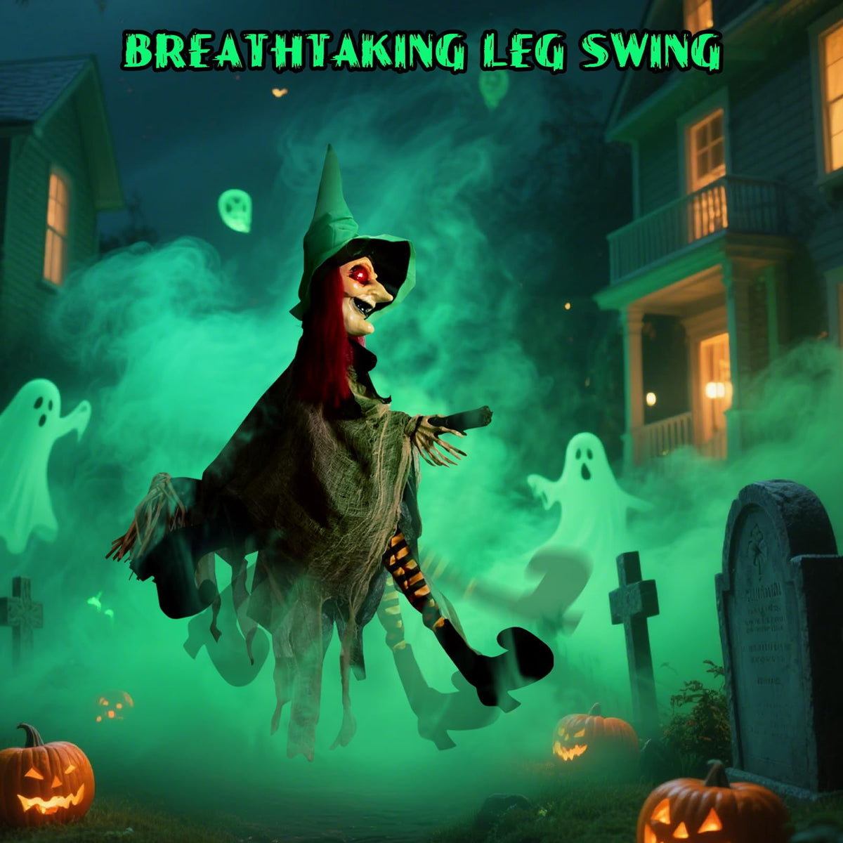 Witchwood™ Halloween LED Light-Up Flying Witch on Broomstick, Realistic Sound & Motion, Scary Animated Decoration with Kicking Legs for Yard, Party, Haunted House Green