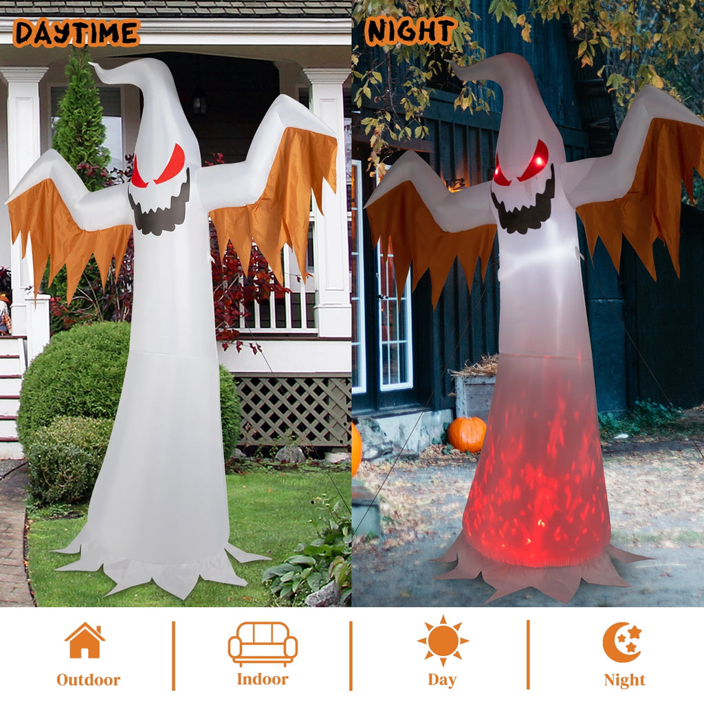 Witchwood™ 12FT Halloween Inflatables Ghost Outdoor Halloween Decoration w/ Scary Flames,4pcs LED Lights