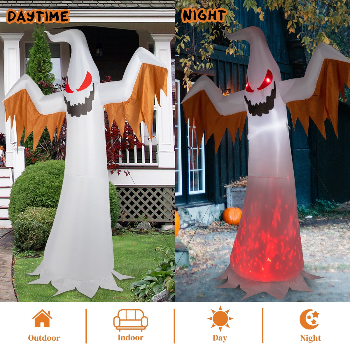 Witchwood™ 12FT Halloween Inflatables Ghost Outdoor Halloween Decoration w/ Scary Flames,4pcs LED Lights