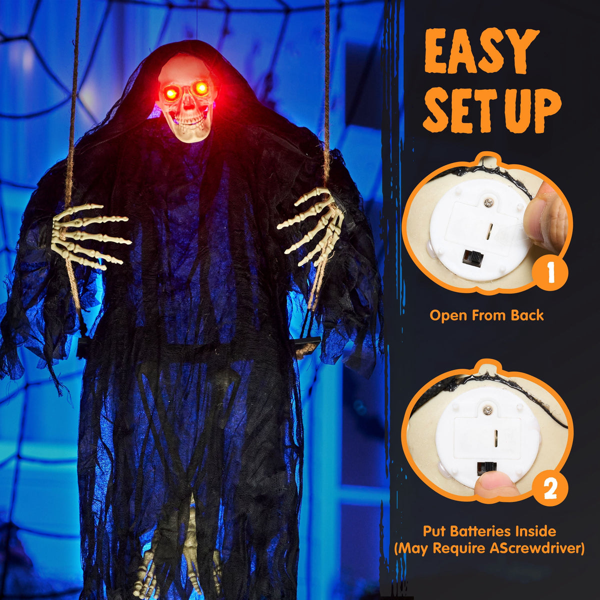 Witchwood™ 3 FT Halloween Hanging Swinging Skeleton,Light Up Creepy Grim Reaper with Black Hood Decorations for Halloween Hanging Decorations Indoor Outdoor Yard Home Decorations