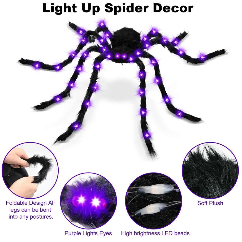 Witchwood™ Spider Webs Halloween Decorations Outdoor, 50" Light Up Giant Spider + 276" Triangular Spider Webs, Yard Outdoor Halloween Decor