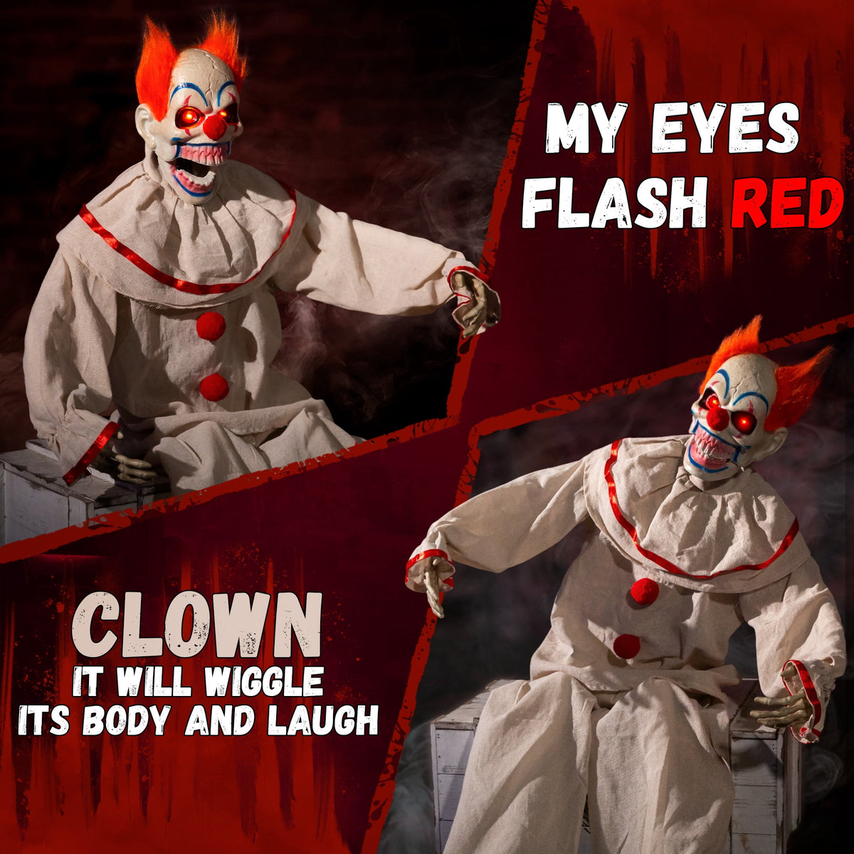 Witchwood™ Halloween Animatronic Sitting Clown Animated Decorations - Sound Activated with Creepy Sound, Light Up Eyes, Scary Move, Haunted House Holiday Spooky Decor Horror Prop, for Indoor Outdoor