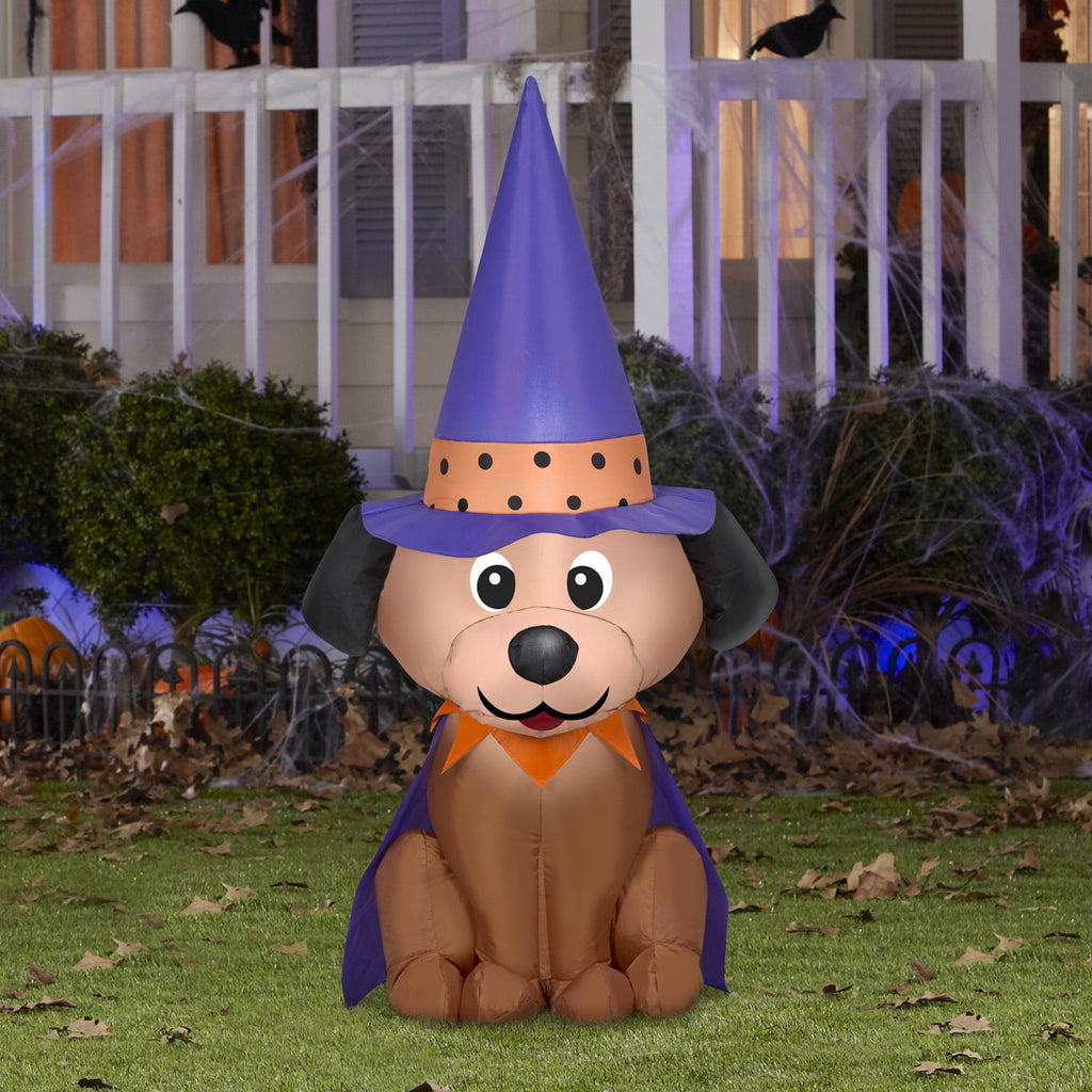 Witchwood™ Halloween Inflatable Dog in Witch Hat, 4 ft Tall, Multi