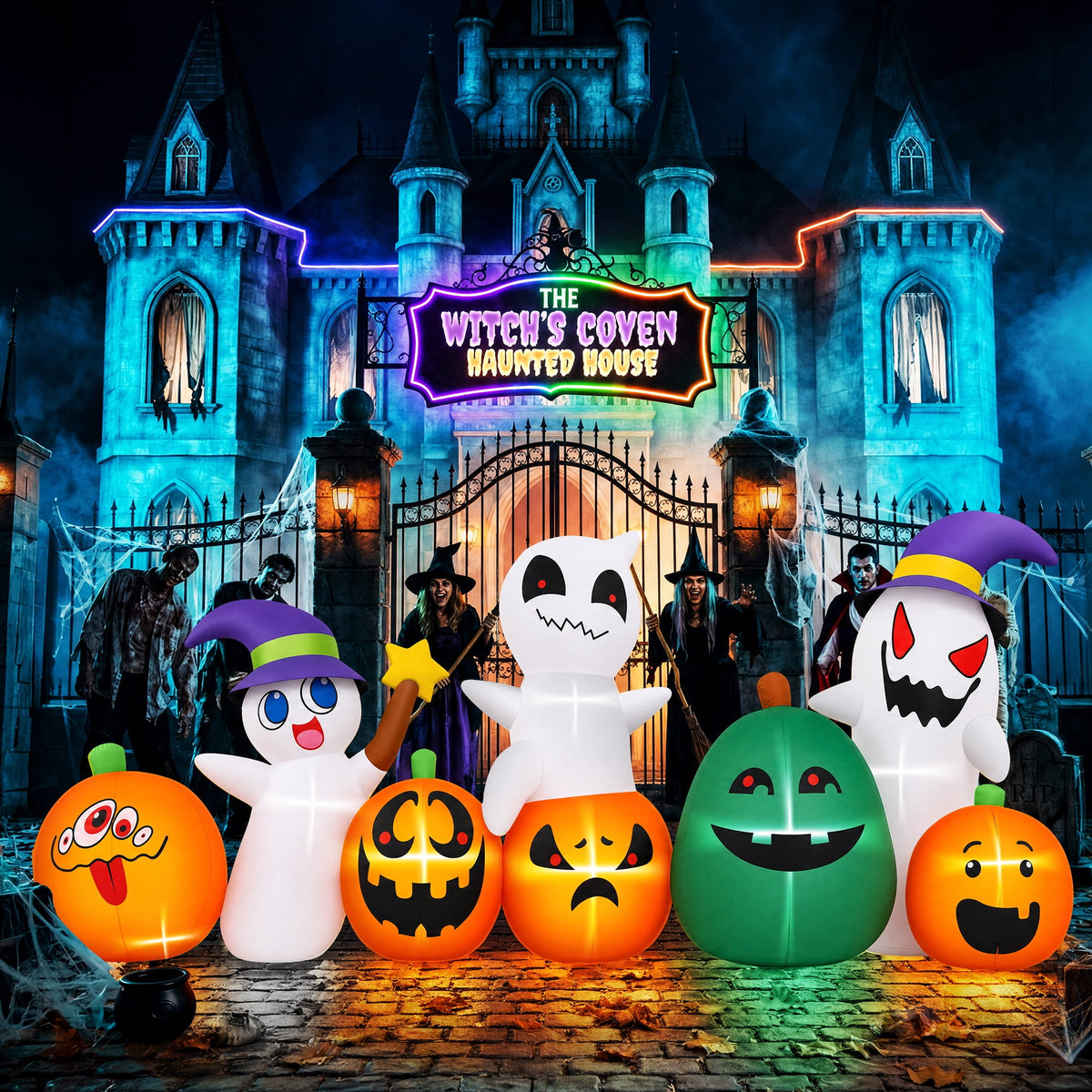 Witchwood™ (2 pack) 7ft Long Halloween Inflatable with Lights,Pumpkin Ghost for Outdoor Decorations