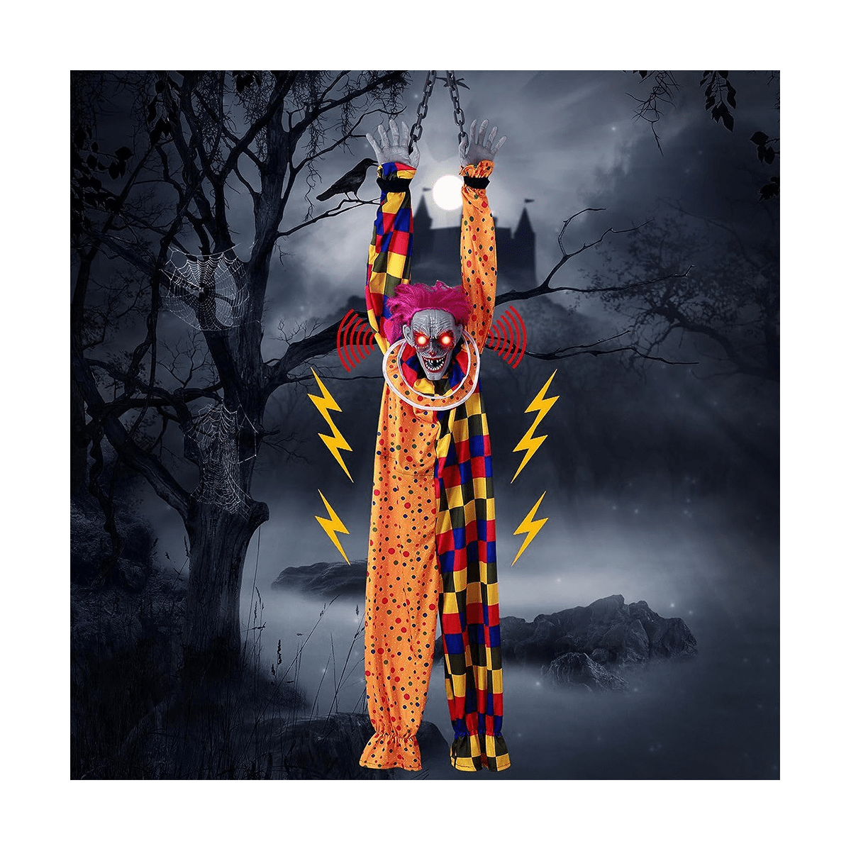 Witchwood™ 5.6 Ft Halloween Hanging Animated Talking & Shaking Scary Clown with Chain, Touch Activated for Decor