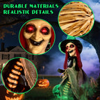 Witchwood™ Halloween LED Light-Up Flying Witch on Broomstick, Realistic Sound & Motion, Scary Animated Decoration with Kicking Legs for Yard, Party, Haunted House Green