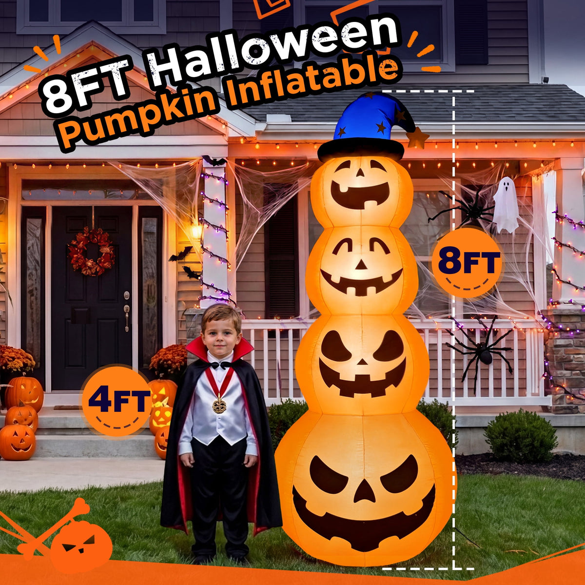 Witchwood™ 8ft Halloween Inflatable, Stacked Pumpkins with Witch Hat and Built-in LED Lights, Outdoor Blow up Yard Decor for Lawn, Garden, Porch and Halloween Party, Orange