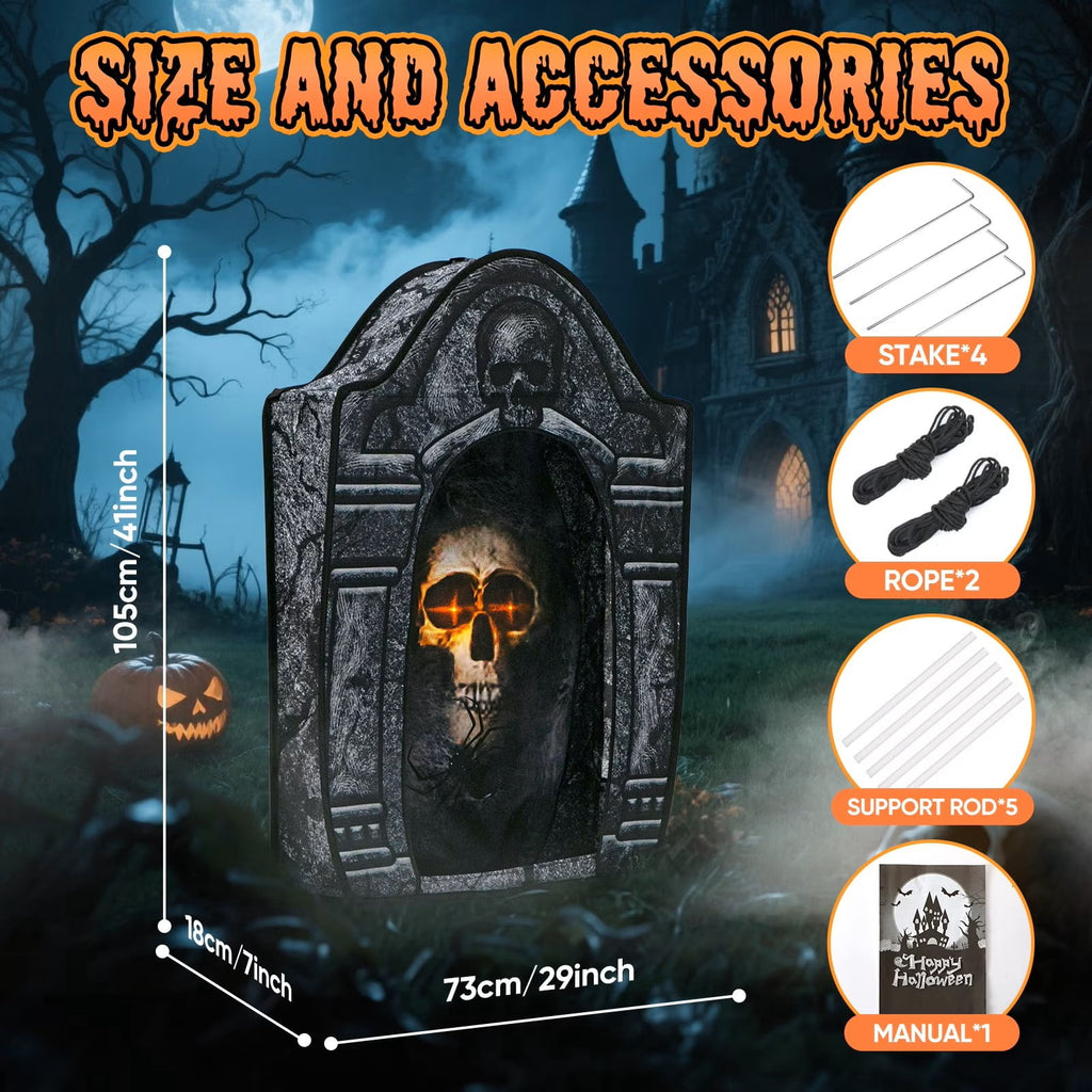 Witchwood™ Wondiair 41" Halloween Skull Tombstone with Glowing LED Eyes, Foldable Outdoor Graveyard Decoration for Yard, Lawn, Cemetery & Haunted House