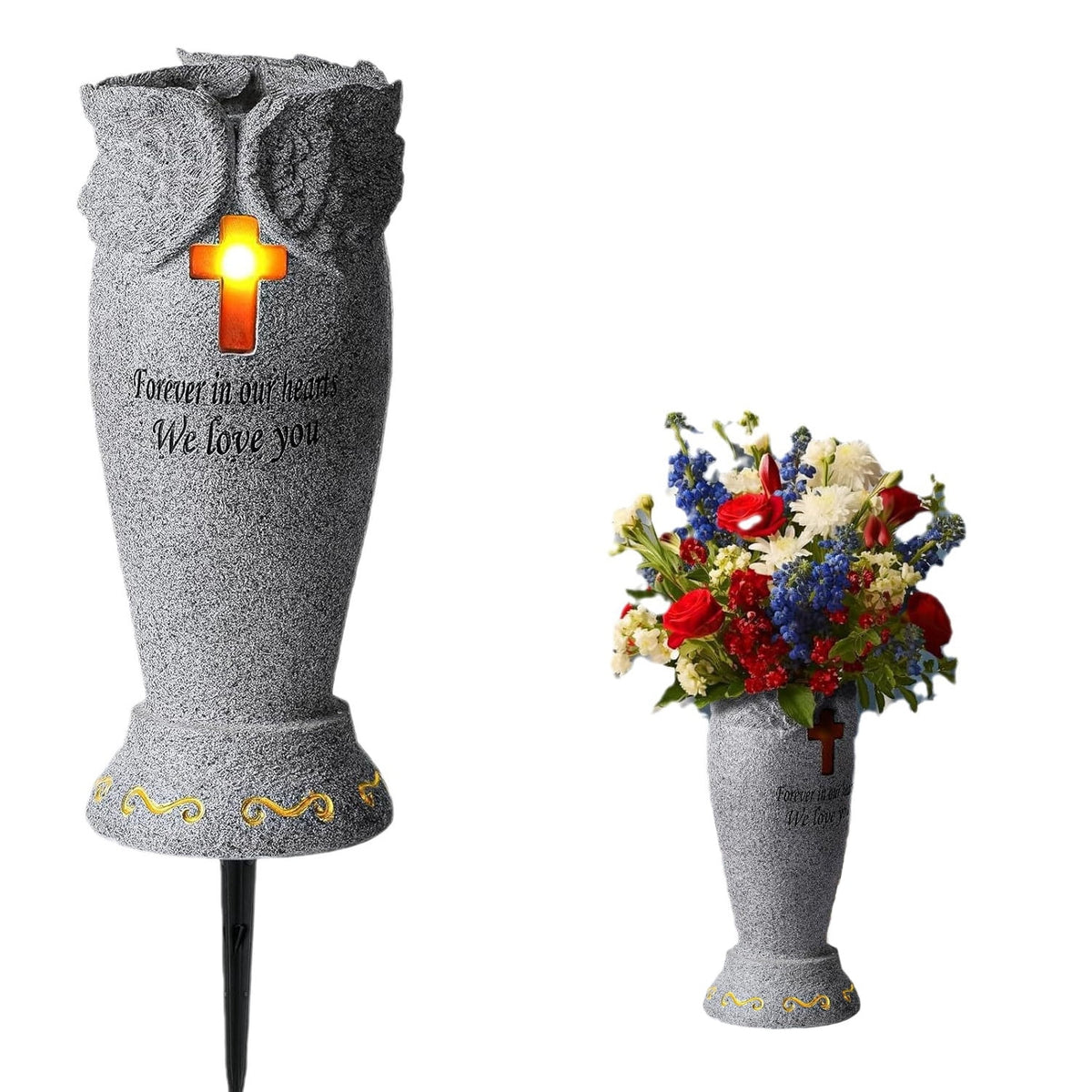 Witchwood™ Fridja Cemetery Grave Flower Vase with Cross Solar Light Cemetery Decorations for Grave, Angel Vases with Spikes Grave Markers Decor for Cemetery for Humans or Pet, Garden Memorial Gifts for Loved One