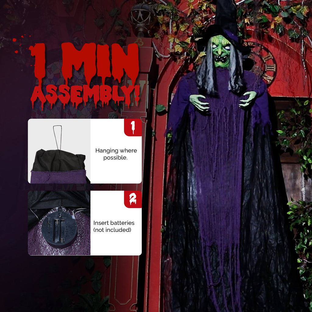 Witchwood™ 12ft Witch Animated Animatronic Decoration Creepy Halloween Hanging Witch w/ Pre-Recorded Screaming