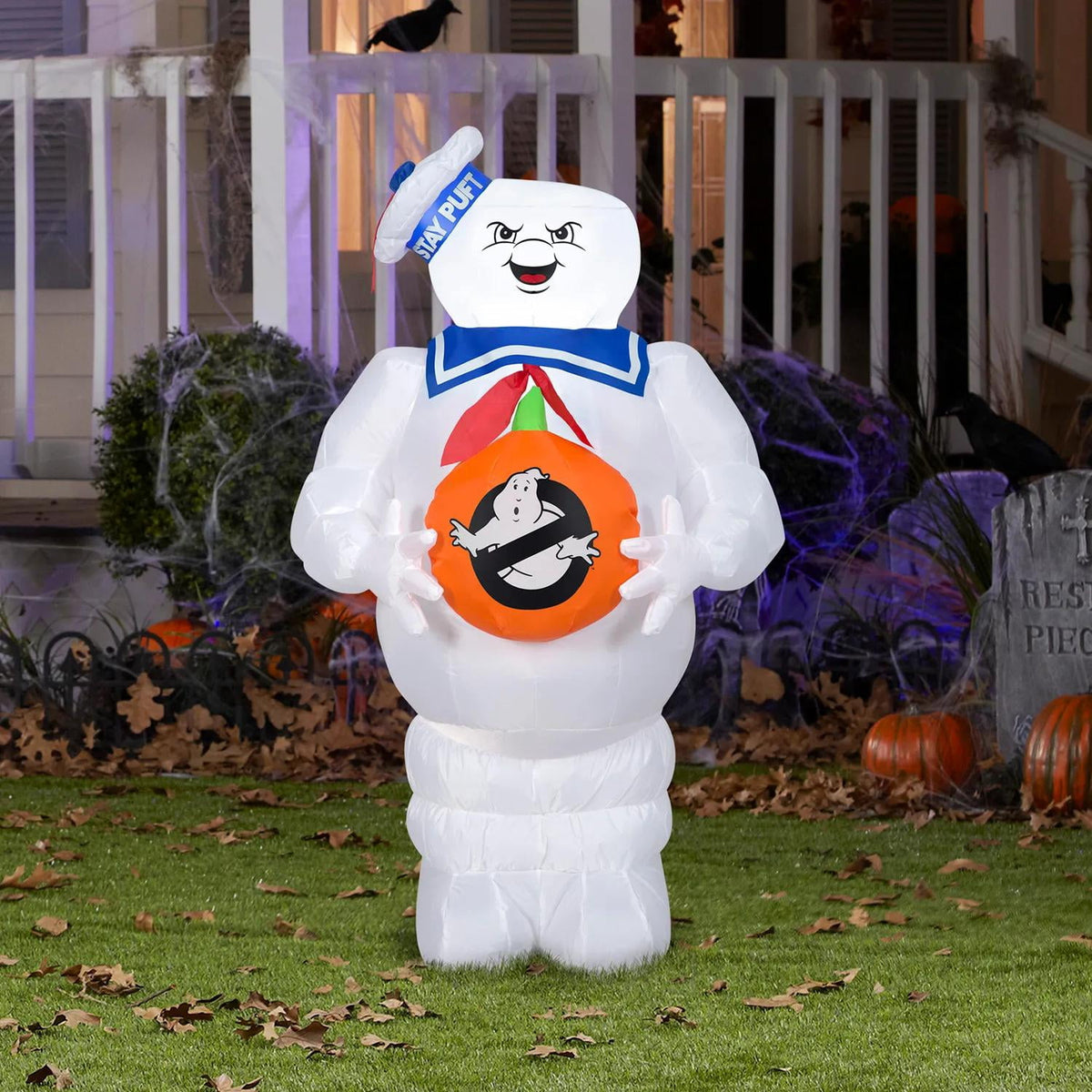 Witchwood™ 42 Airblown Blowup Inflatable Ghostbusters Stay Puft Marshmallow Man with Jack-O-Lantern Halloween Outdoor Yard Decoration