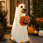 Witchwood™ Clearance! Halloween Ghost Dog Statue with Pumpkin Candy Bowl, 14" LED Ghost German Shepherd Blow-Molded Figurine Outdoor, Halloween Candy Holder Decoration Gift for Porch Yard Patio Indoor