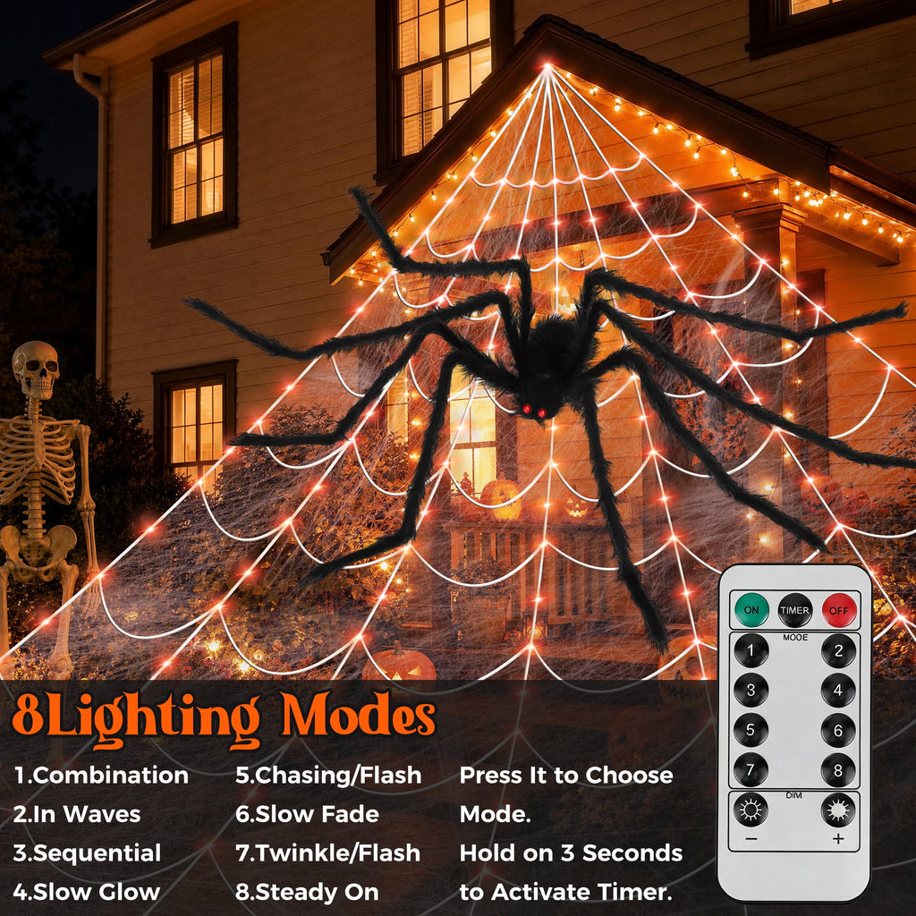 Witchwood™ Scidweet Halloween Decorations Outdoor, 350 LED Halloween Spider Web Lights with 79" Large Spider for Outside Garden Yard Home Decor, Orange