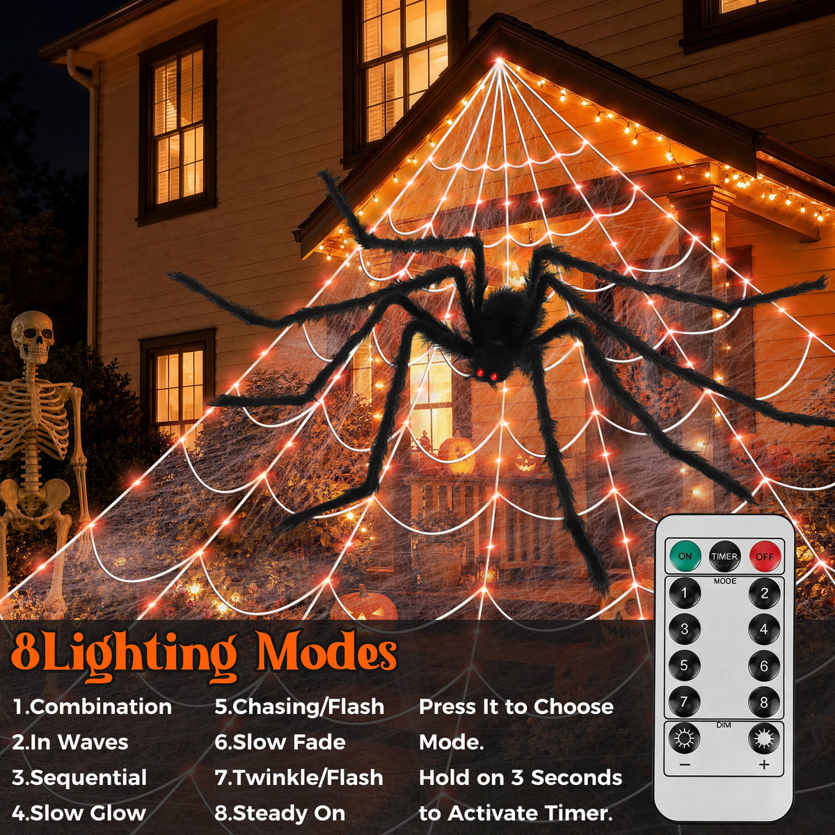 Witchwood™ Scidweet Halloween Decorations Outdoor, 350 LED Halloween Spider Web Lights with 79" Large Spider for Outside Garden Yard Home Decor, Orange