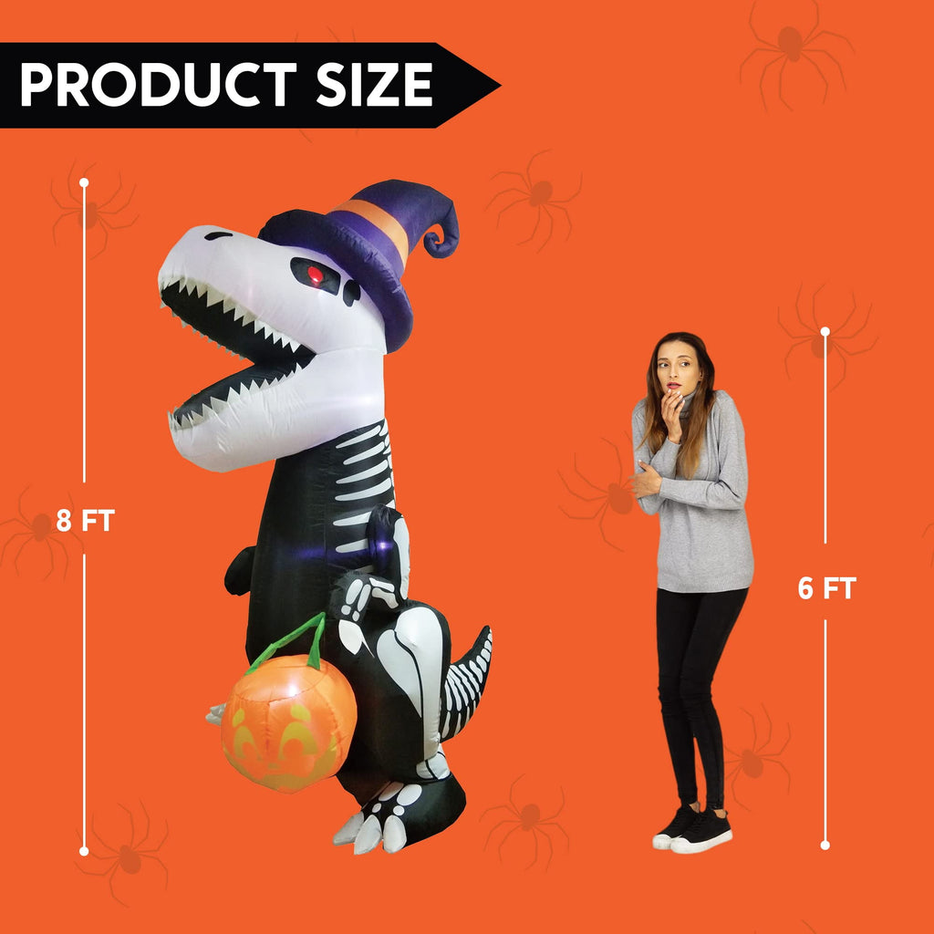Witchwood™ 8 FT Halloween Inflatable Skeleton Dinosaur with Build-in LEDs Pumpkin Decorations,Halloween Outdoor Decorations Blow up Yard Decorations