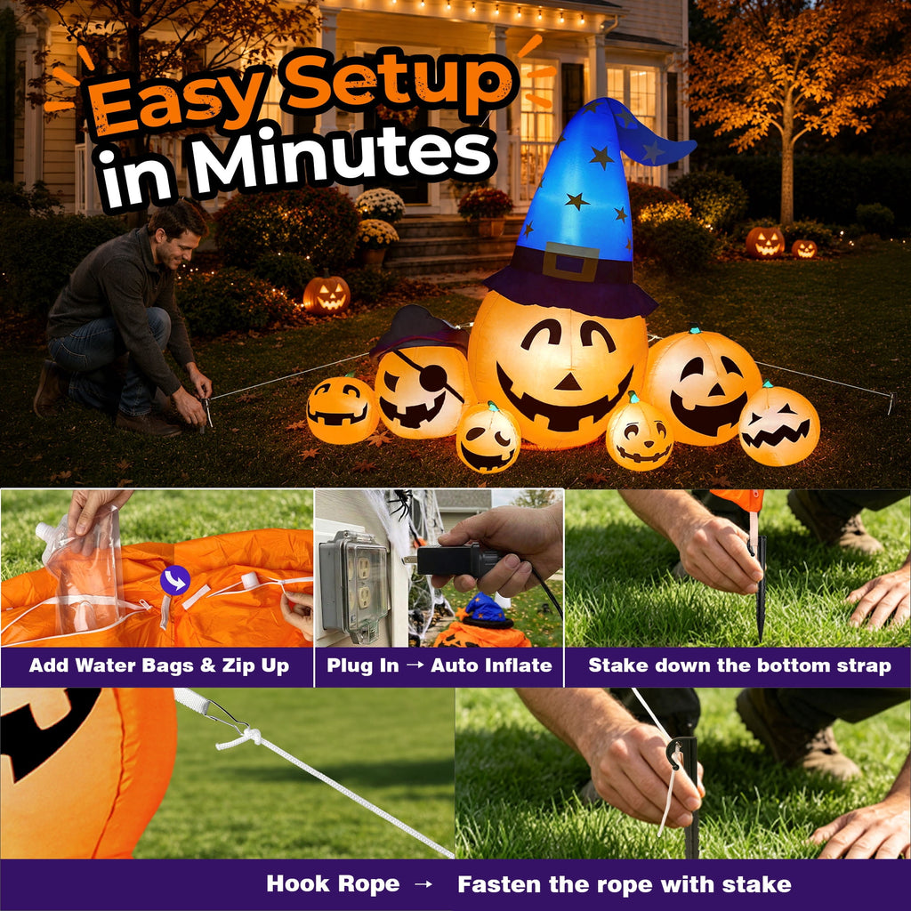 Witchwood™ 8.7ft Long Halloween Inflatable Pumpkin Decoration with Built-in LED Lights, Large Outdoor Blow-Up Yard Decor for Lawn, Garden, Porch, Haunted House and Halloween Party