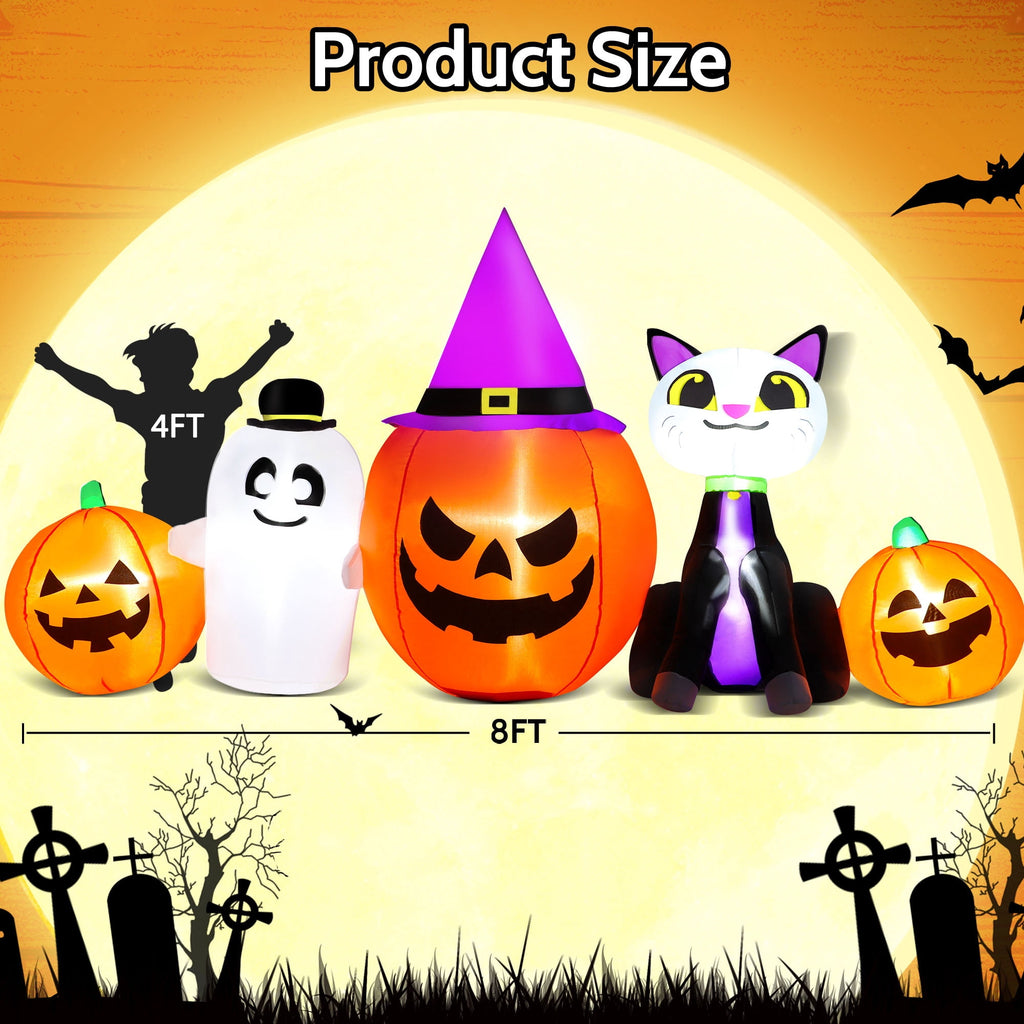 Witchwood™ 8ft Halloween Inflatable Pumpkins Outdoor Decor with Black Cat and Spectre,Built-in LED Lights,for Halloween Party,Yard,Garden,Lawn