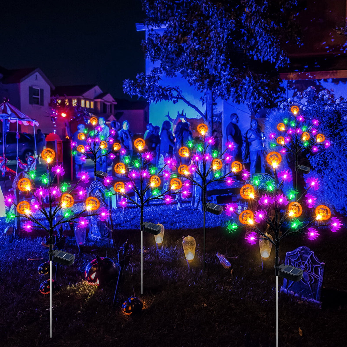 Witchwood™ 2 packs 40 LED Solar Halloween Lights, 2 Modes Halloween Bats Spiders Pumpkin Lights for Outdoor Decorations, Waterproof Stakes for Garden Yard Pathway Walkway