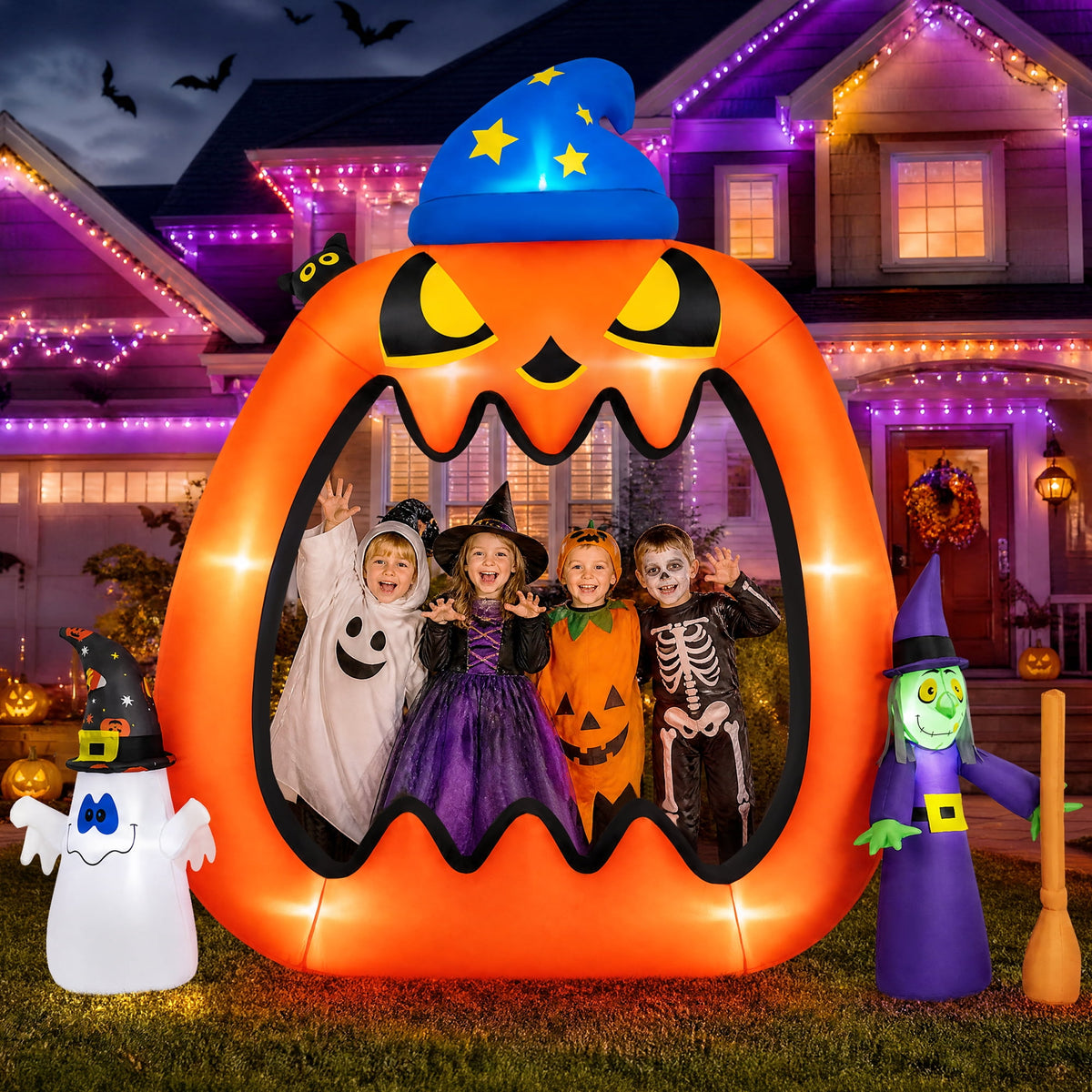 Witchwood™ 8.2ft Halloween Inflatable Pumpkins Photo Door with Ghost Witch Yard Party Outdoor Decorations with LED Lights
