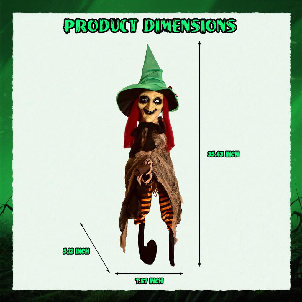 Witchwood™ Halloween LED Light-Up Flying Witch on Broomstick, Realistic Sound & Motion, Scary Animated Decoration with Kicking Legs for Yard, Party, Haunted House Green