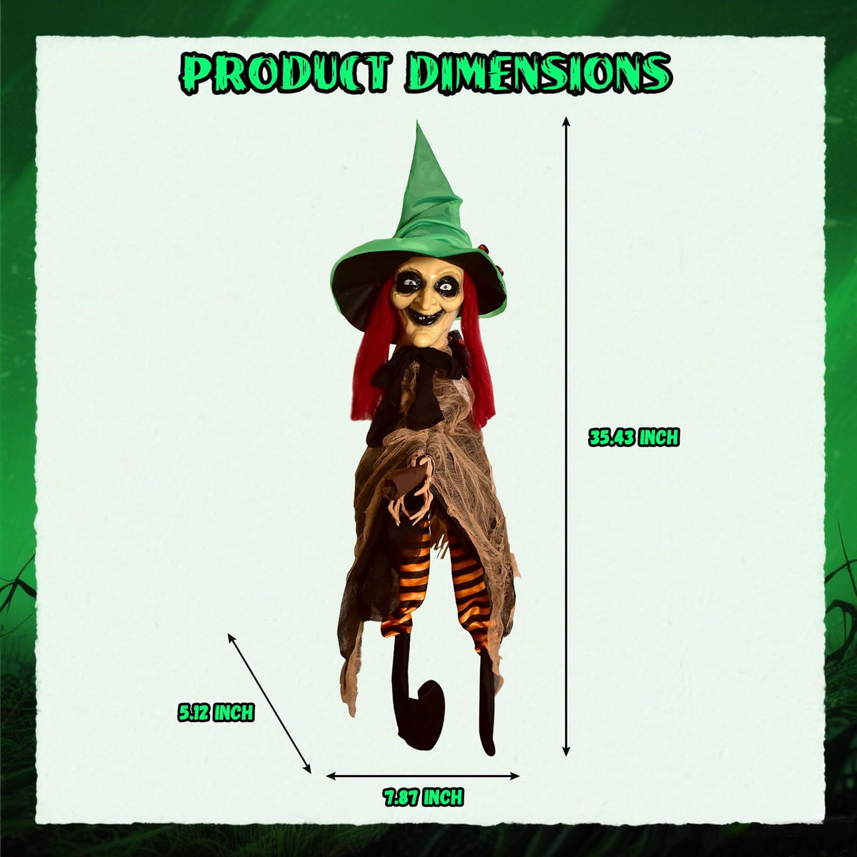 Witchwood™ Halloween LED Light-Up Flying Witch on Broomstick, Realistic Sound & Motion, Scary Animated Decoration with Kicking Legs for Yard, Party, Haunted House Green