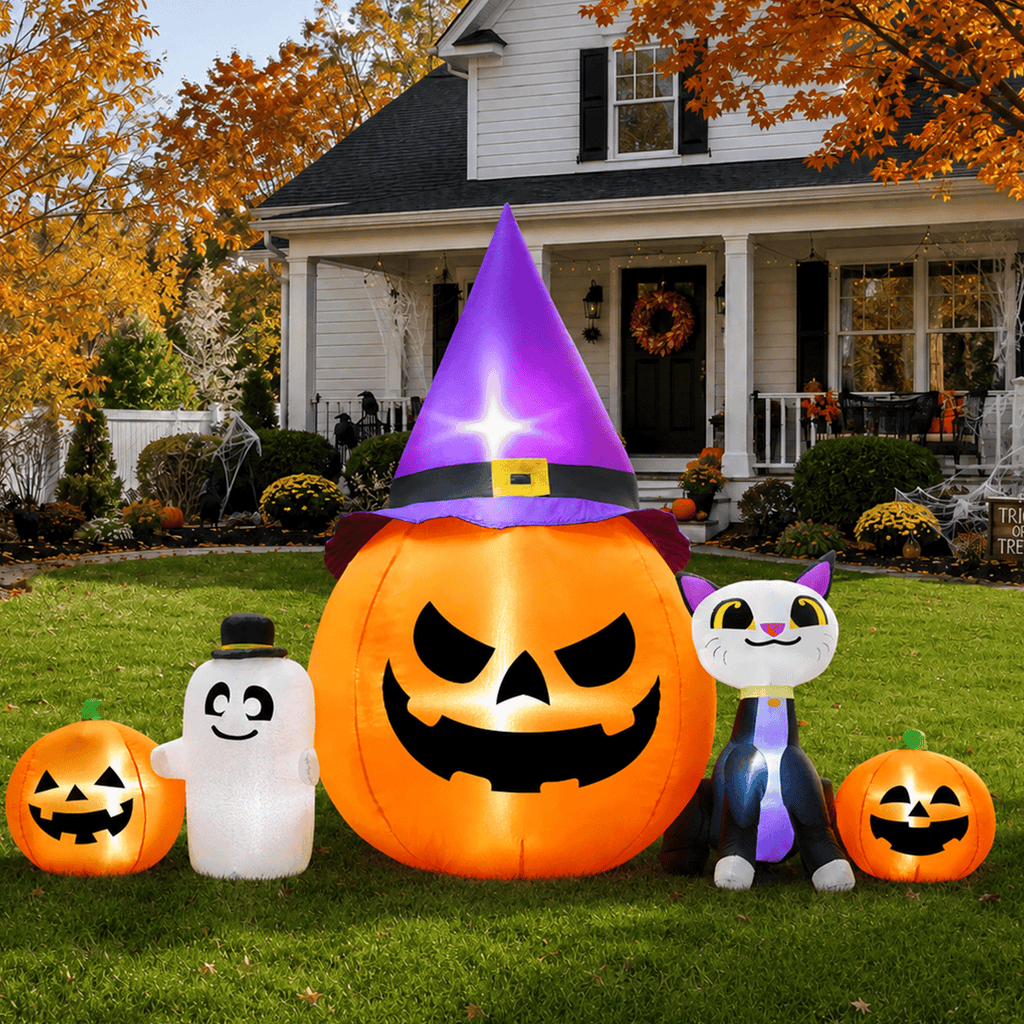 Witchwood™ 8ft Halloween Inflatable Pumpkin & Black Cat Ghost with LED Lights ? Outdoor Yard & Garden Decoration