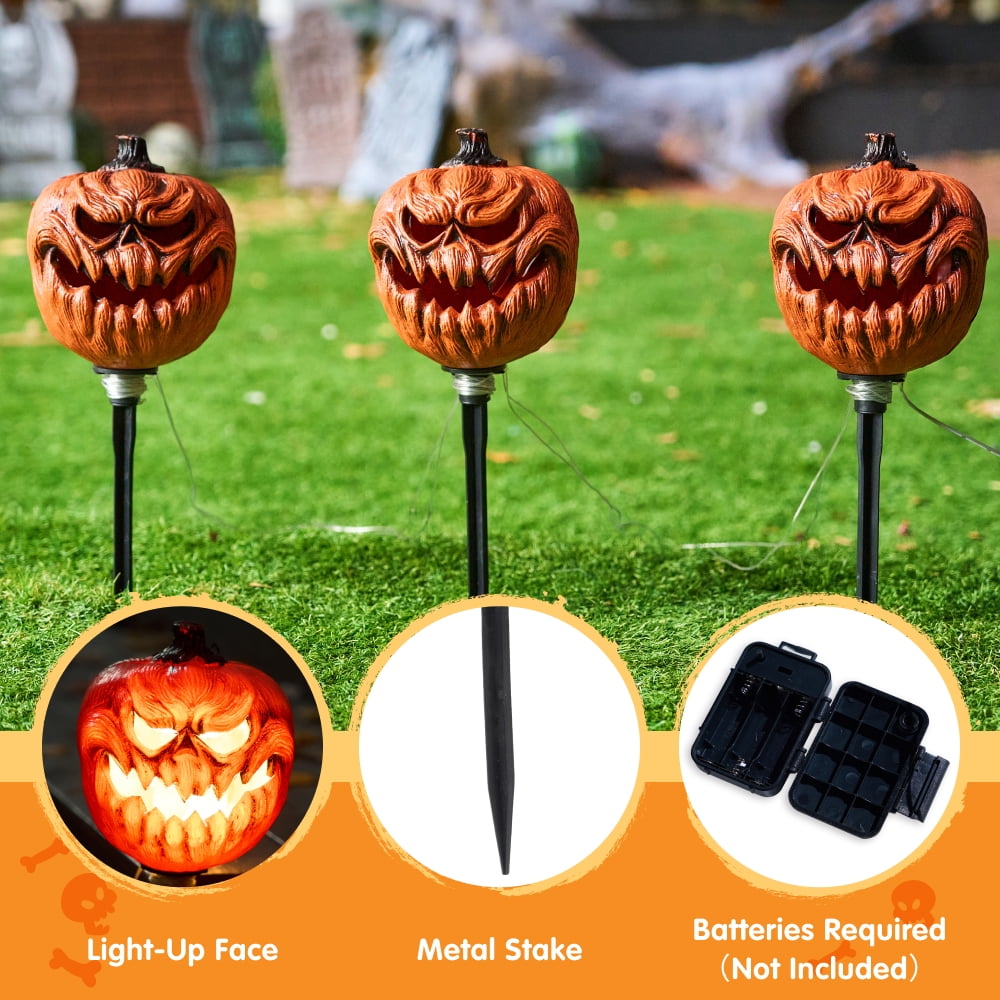 Witchwood™ 3 Pack Halloween Decorations Lighted Pumpkin Pathway Lights Stakes,Outdoor Jack-O-Lantern Waterproof Decorations,Scary Halloween Party Props Outdoor Yard Decor