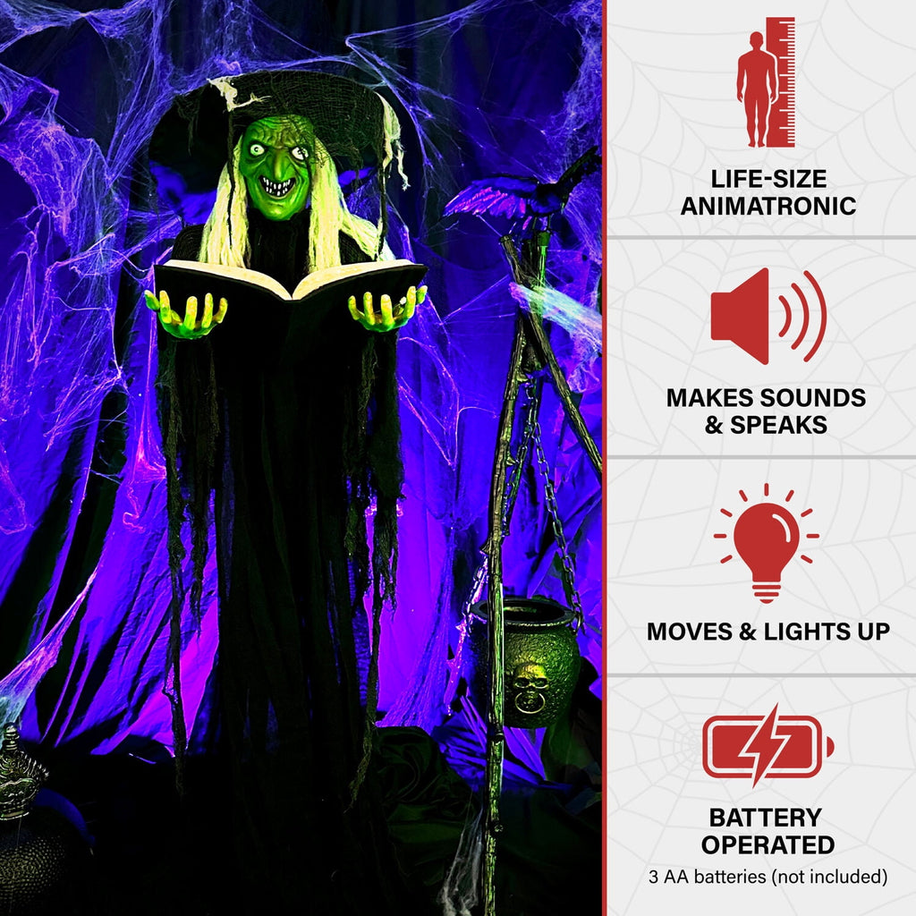 Witchwood™ 5.5 ft Poseable Witch with Spell Book, Lights and Sound, Indoor/Covered Outdoor Halloween Decoration, HHWITCH-9FLS