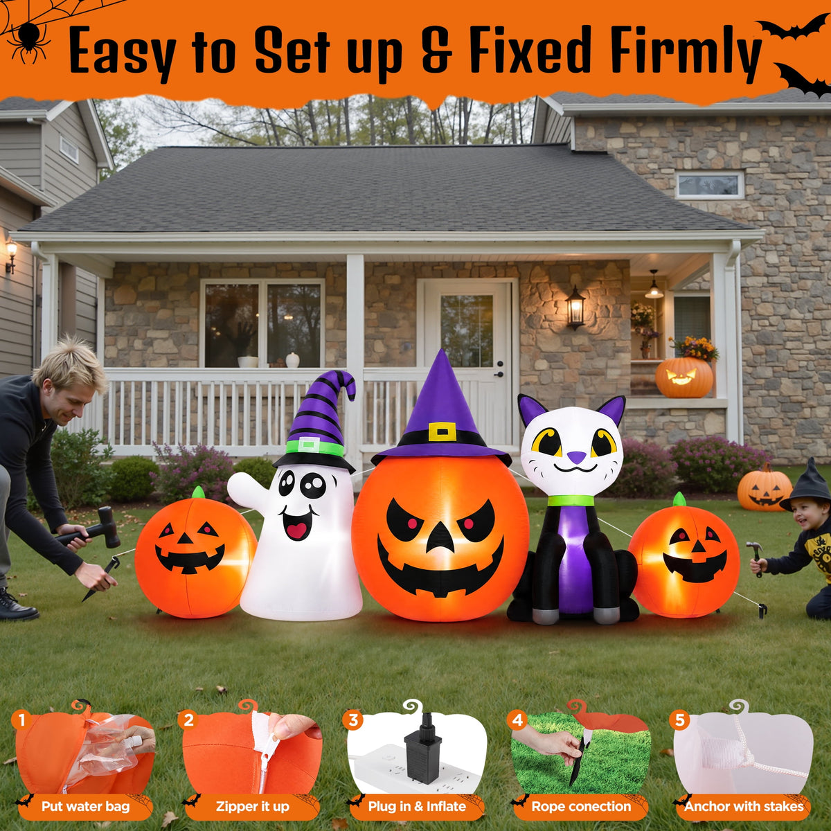 Witchwood™ 8FT Halloween Inflatable Pumpkins Ghost Cat with Lights,Blow ups Outdoor Decorations for Yard