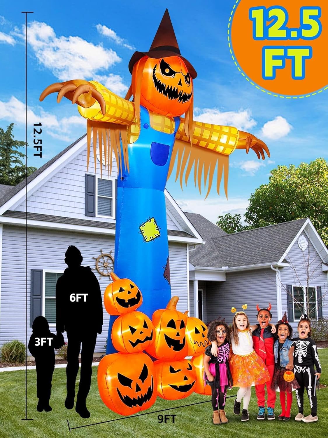 Witchwood™ 12.5 FT Halloween Inflatables with Music, Giant Pumpkin Scarecrow Inflatable with LED Light Blow Up Yard Decor with Scary Sound for Outdoor Garden Lawn Holiday Party Supplies