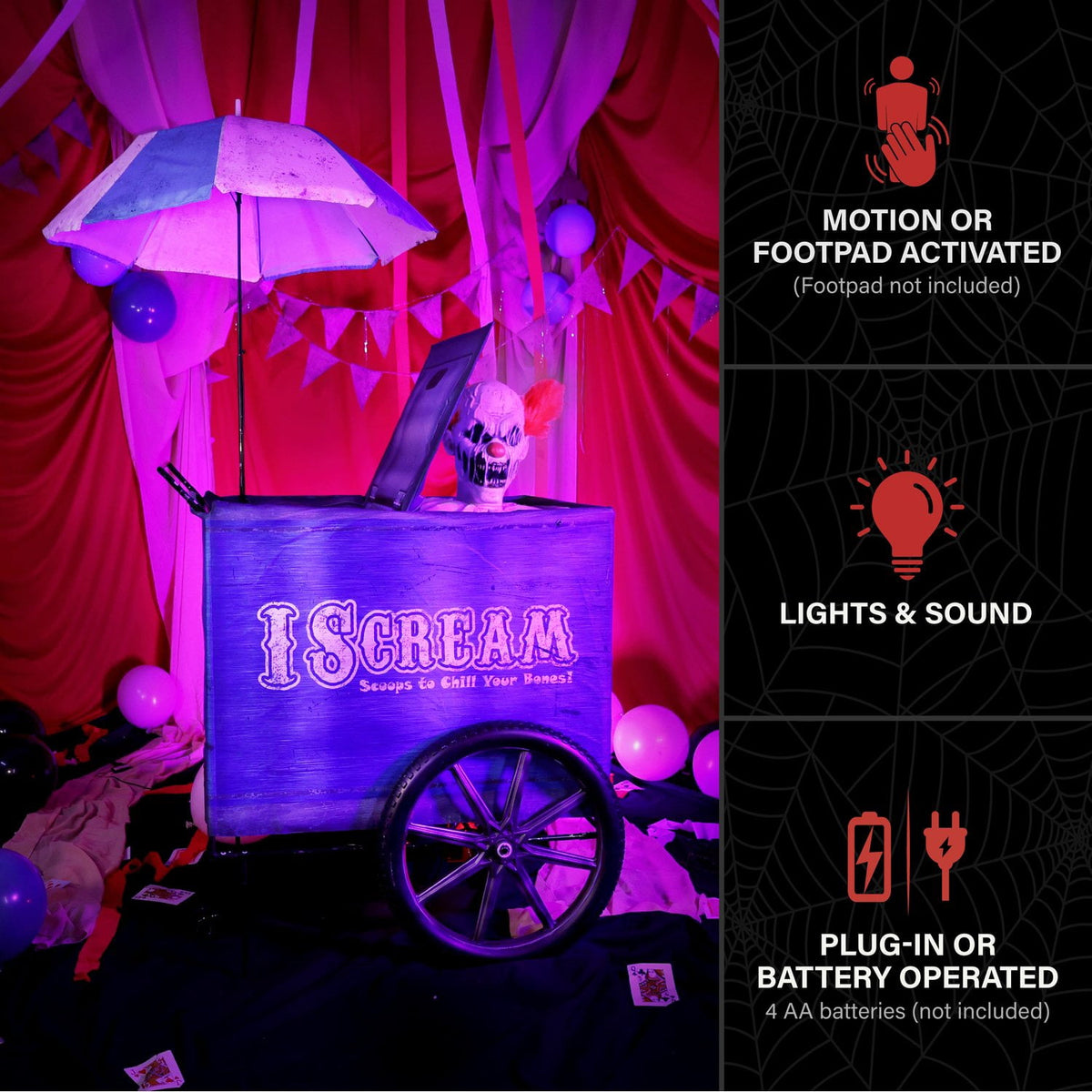 Witchwood™ I Scream Clown Cart Halloween Animatronic with Lights & Lunge, 6-ft