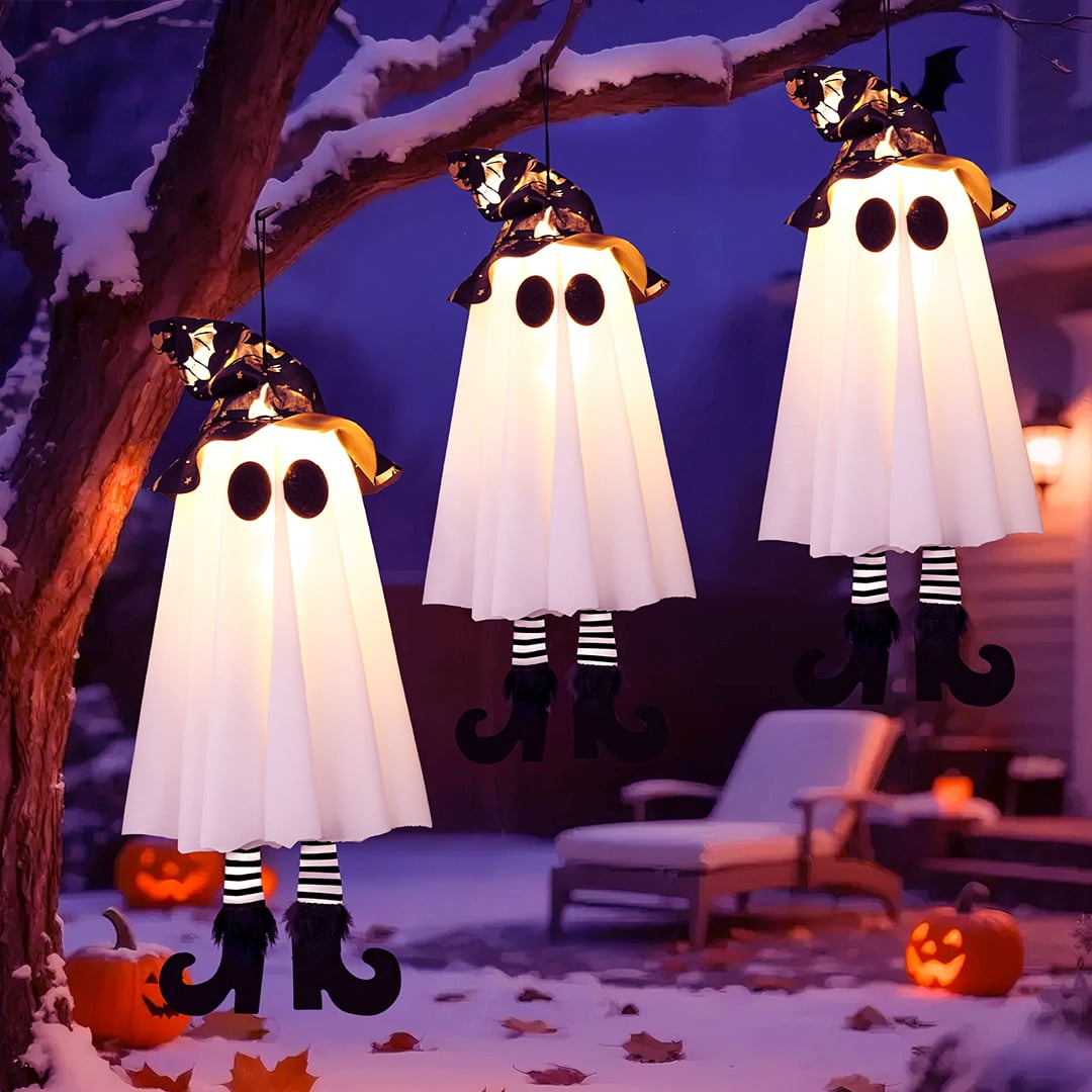 Witchwood™ 18In Set of 3 Halloween Hanging Ghosts,Halloween Decorations Outdoor Hanging Ghosts with Witch Hat,Glowing Ghost Witch Hat Lights Halloween Ghost Decor for Yard Patio Garden Tree Outside