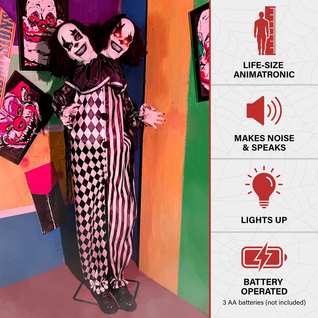 Witchwood™ Lifesize 5.5 ft Animatronic Two-Headed Clown with Lights and Sound, Indoor/Outdoor Halloween Decoration, HHCLOWN-37FLSA
