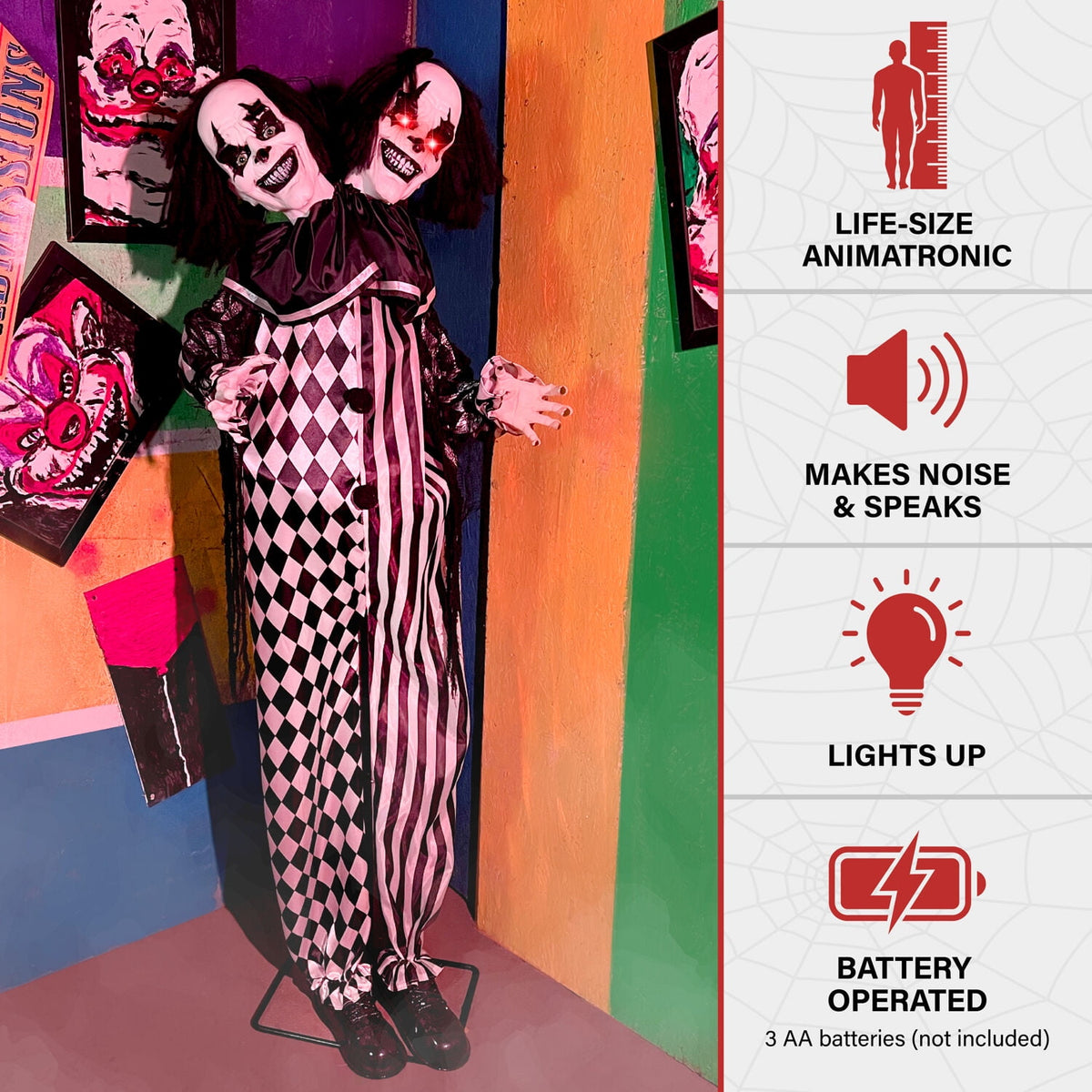 Witchwood™ Lifesize 5.5 ft Animatronic Two-Headed Clown with Lights and Sound, Indoor/Outdoor Halloween Decoration, HHCLOWN-37FLSA
