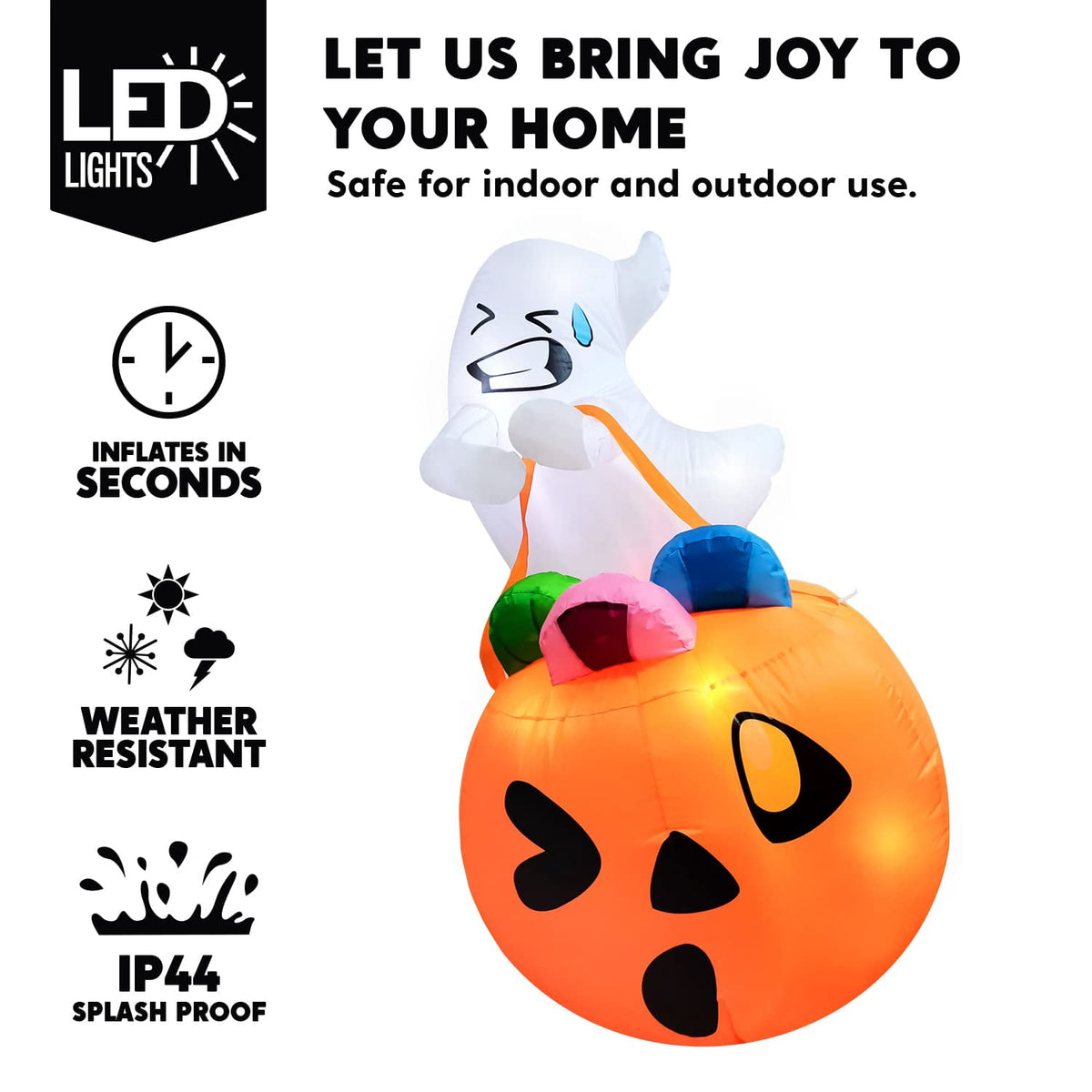 Witchwood™ 5ft Halloween Inflatables Light up Cute Ghost,Blow Up Ghost Lift Pumpkin Candy Bag with Build-in LEDs for Yard Decorations