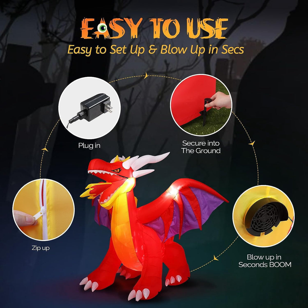 Witchwood™ VINGLI 6FT Tall Halloween Inflatables Outdoor Decorations, Blow Up Scary Fire-Breathing Dragon Halloween Yard Decorations, Built-in LED Lights Décor for Indoor Home Party Garden Lawn Store