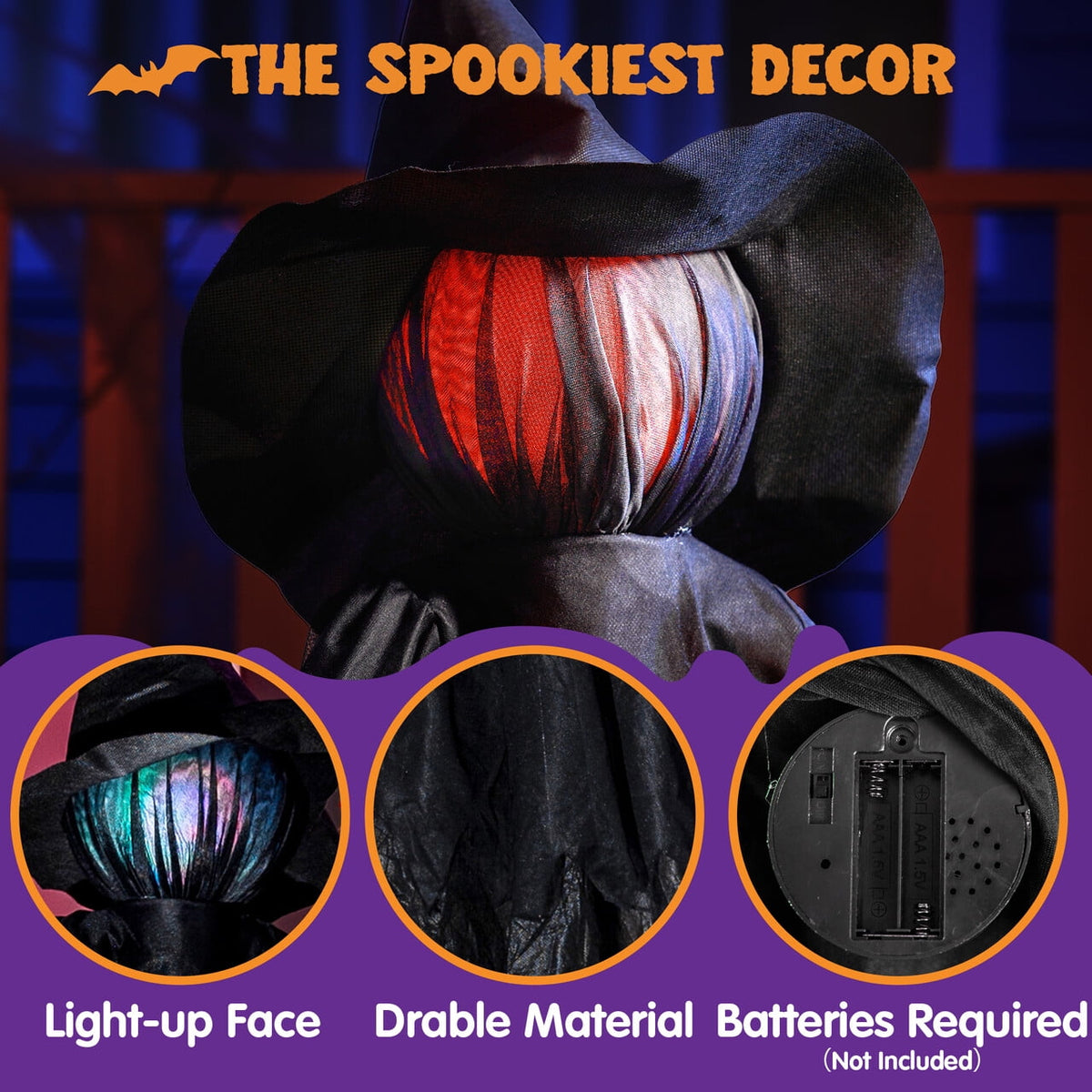 Witchwood™ 3 Pack Witches Halloween Decorations Outdoor, 51" Sound Activated Light Up Flying Witch Stakes with Color Changing Face & Creepy Sound, Life Size Halloween Props for Lawn Grave Party