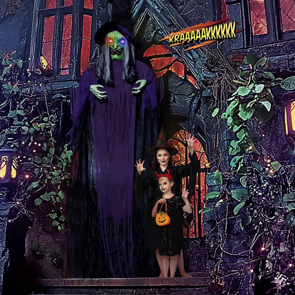 Witchwood™ 12FT Halloween Animatronic Witch Standing Outdoor Halloween Decoration w/ Green Eyes,Scary Sounds