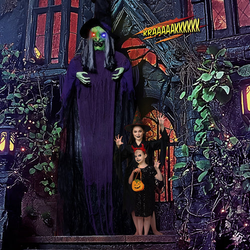 Witchwood™ 12ft Witch Animated Animatronic Decoration Creepy Halloween Hanging Witch w/ Pre-Recorded Screaming